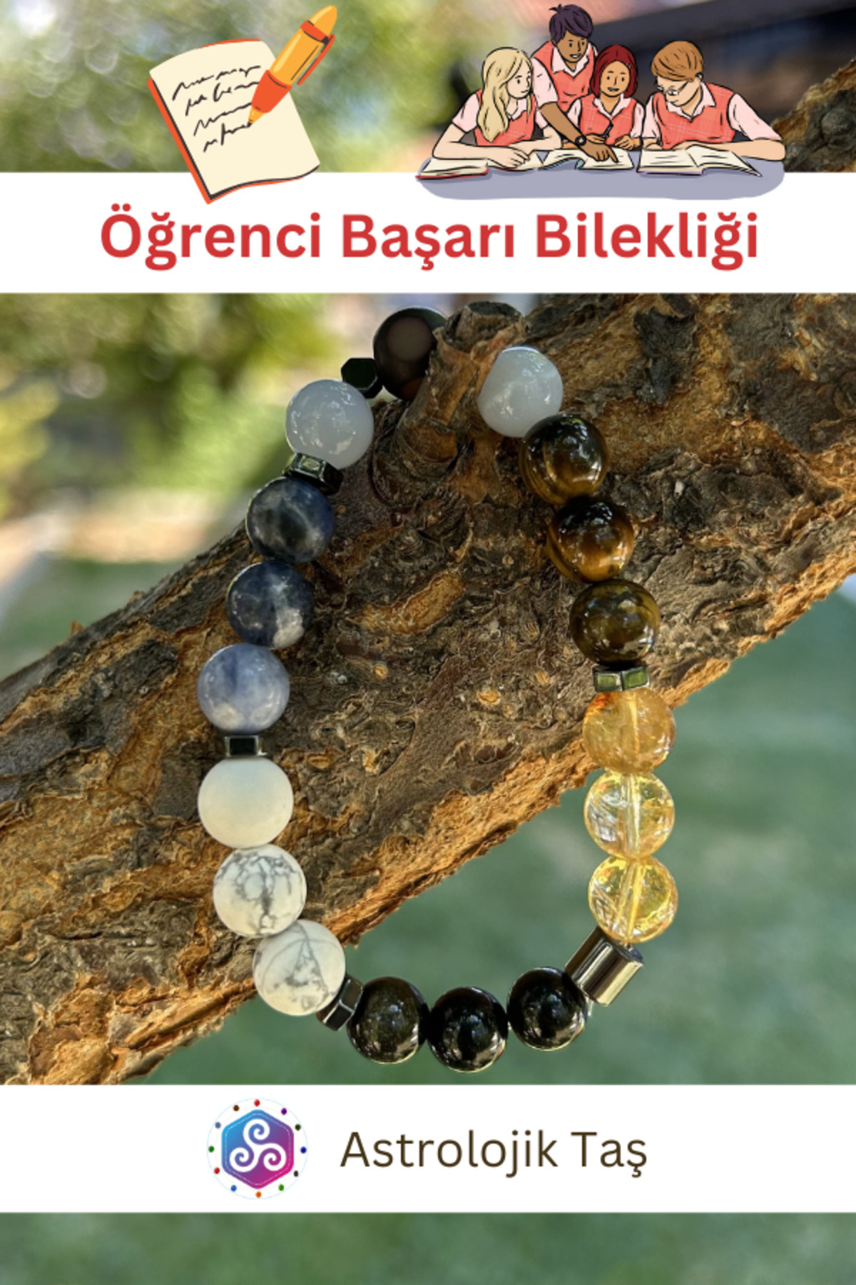 Tasarım Sertifikalı Doğal Taş Öğrenci Okul Başarı Bilekliği - Odaklanma - Hafıza - Nazar - Iletişim görsel 2