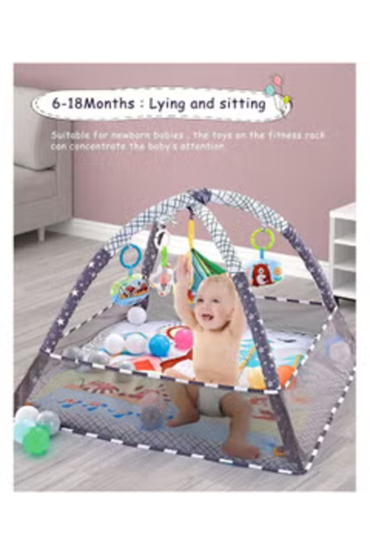 Arabest-Baby Game Gym, Baby Game Mat Newborn 5 Hanging Toys and 18 Ocean Balls, Lightweight Foam for Babies 6