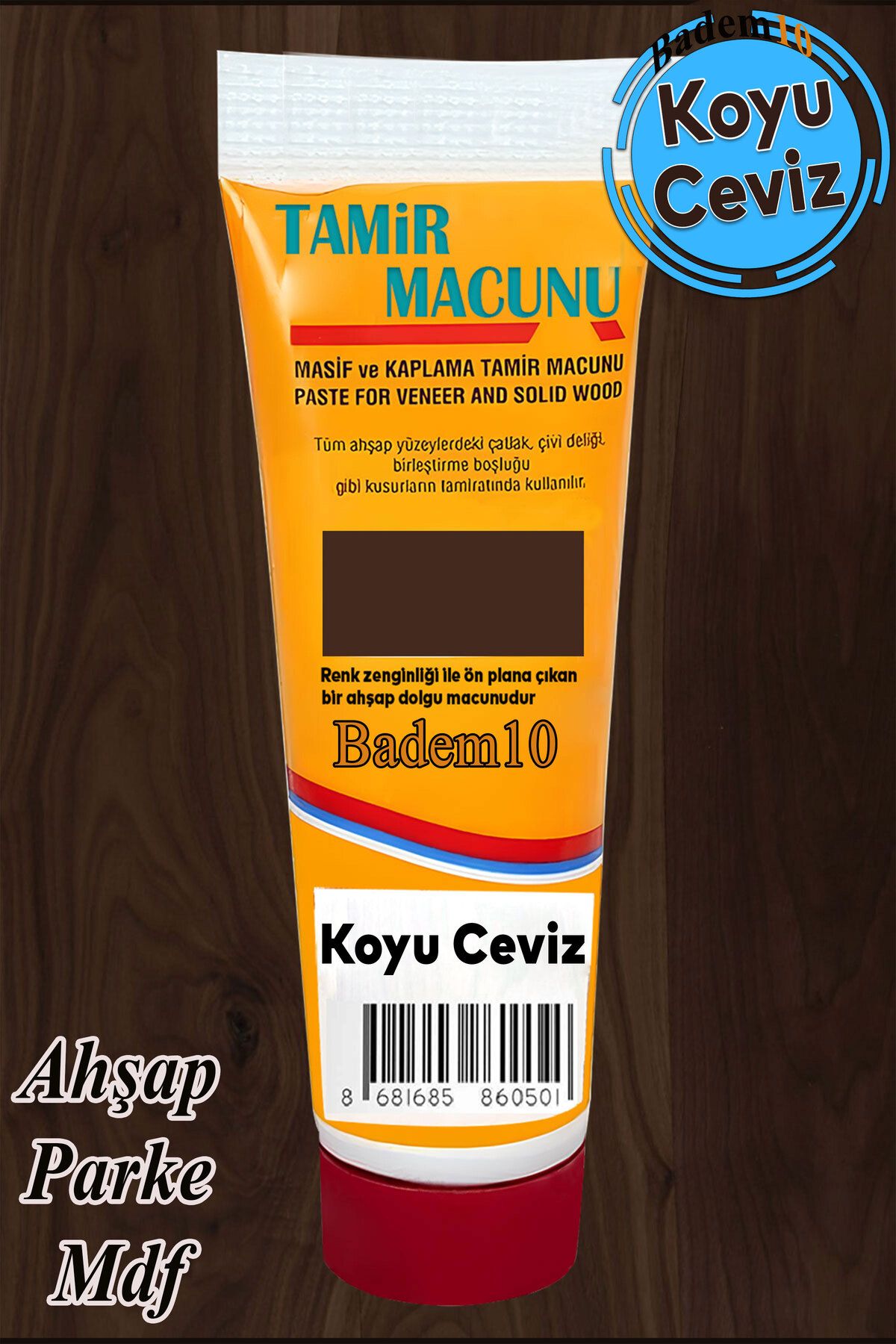 Badem10 Ahşap Mobilya Parke Tamir Dolgusu Macunu (200 GR KOYU CEVİZ) Çatlak Çizik Giderici Kullanıma Hazır