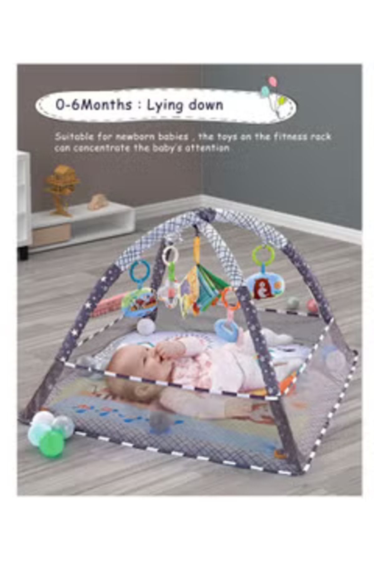 Arabest-Baby Game Gym, Baby Game Mat Newborn 5 Hanging Toys and 18 Ocean Balls, Lightweight Foam for Babies 5