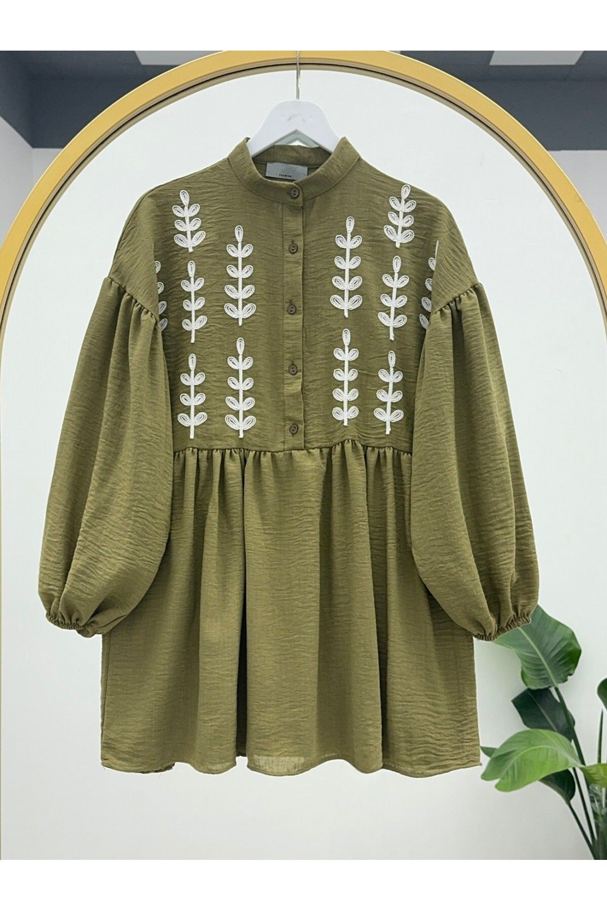 Modamorfo-Poncho Embroidered Half Button Linen Tunic -Khaki 2