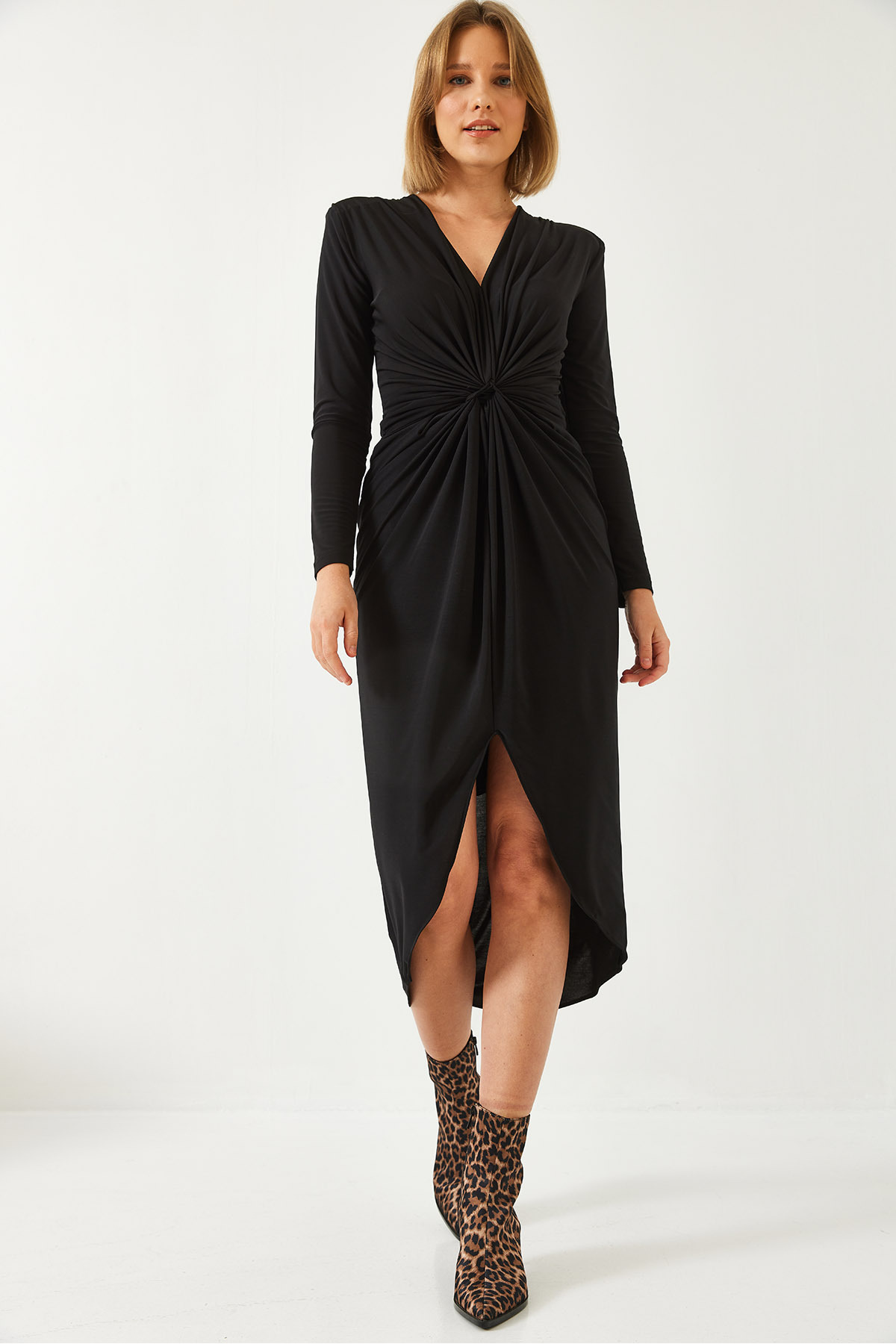 LUCCI V-Neck Ruched Midi Dress 3