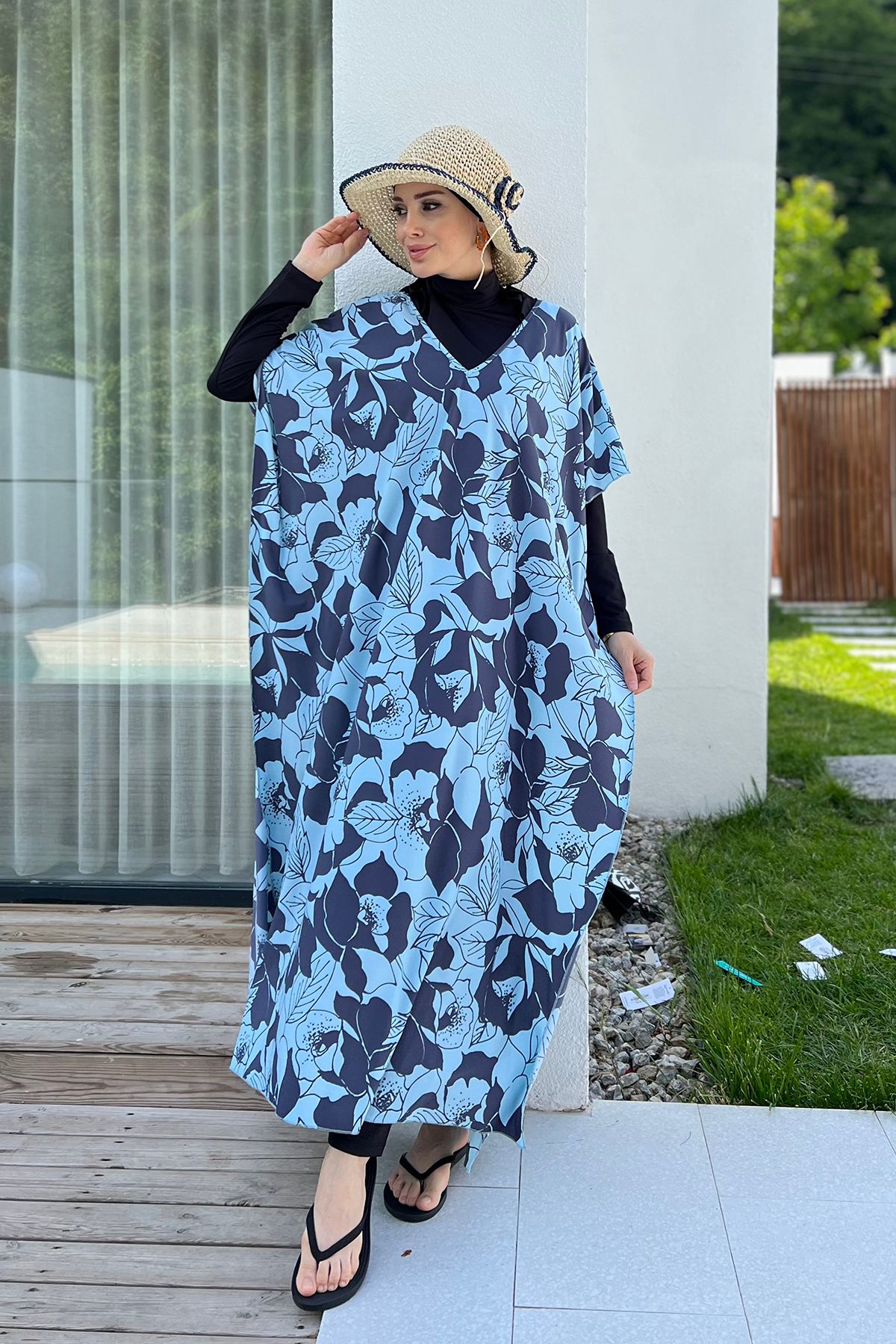 Remsa Mayo-Blue Patterned Single Kaftan Pareo - Remsa Hijab Swimsuit 430-316 6