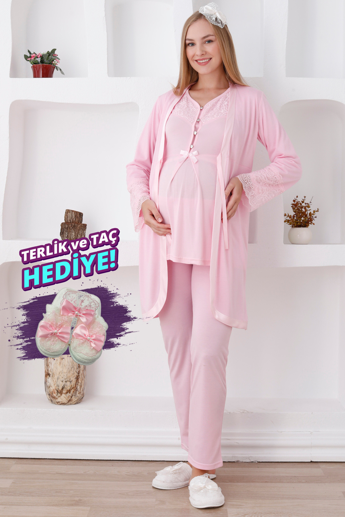 ERDENİZ TEKSTİL Uzun Kollu 7 Renk Hamile Pijama ve Sabahlık Takımı Dantelli/Terlik ve Taç Hediyeli