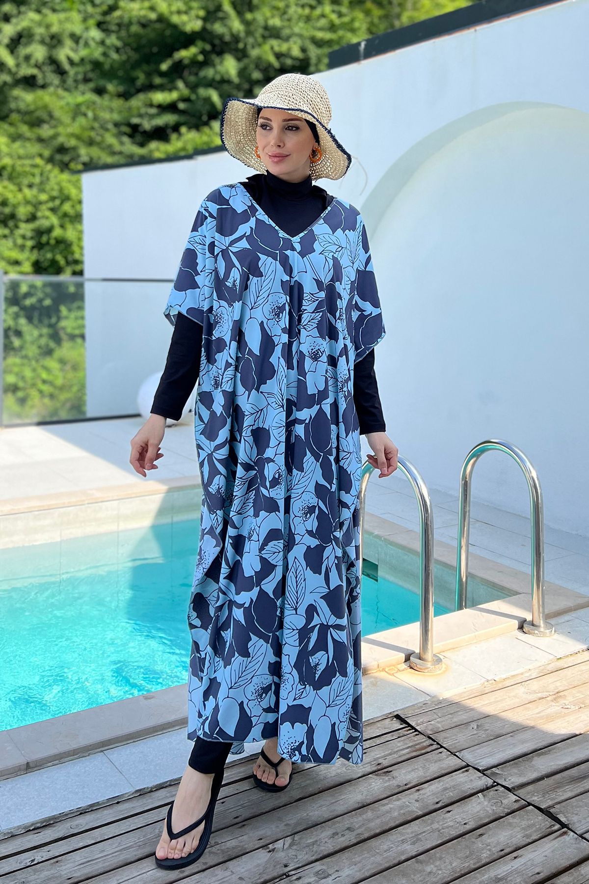 Remsa Mayo-Blue Patterned Single Kaftan Pareo - Remsa Hijab Swimsuit 430-316 5