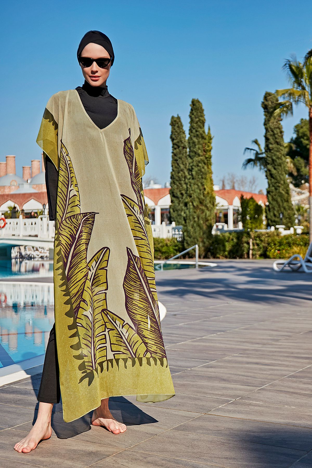 Remsa Mayo-Бански костюм Remsa Designed on Modest Single Kaftan Pareo RDP001 Giant Leaves 6