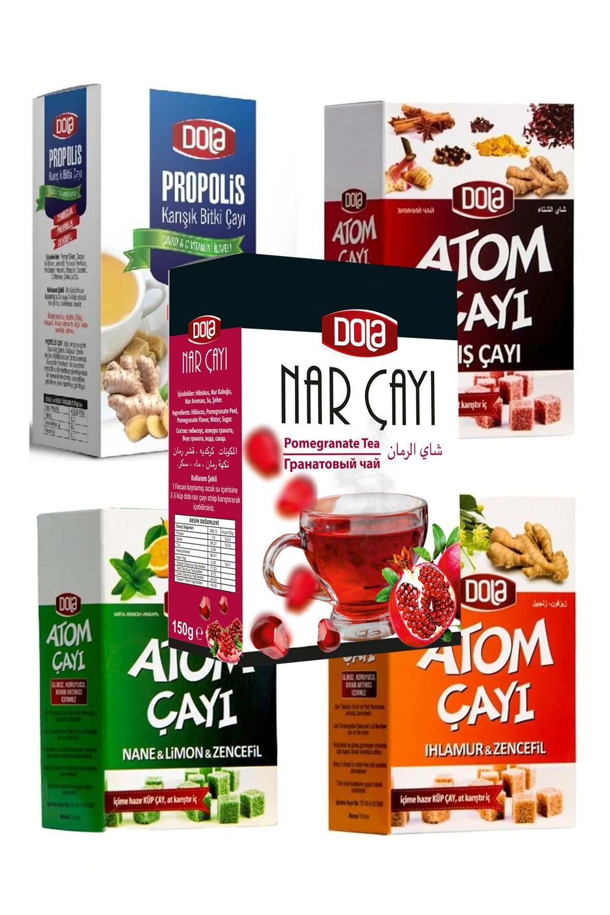 Dola Atom Çayı 5'li Paket Kış Çayı-nane Limon-ıhlamur-Propolis Çayı ve Nar Çayı