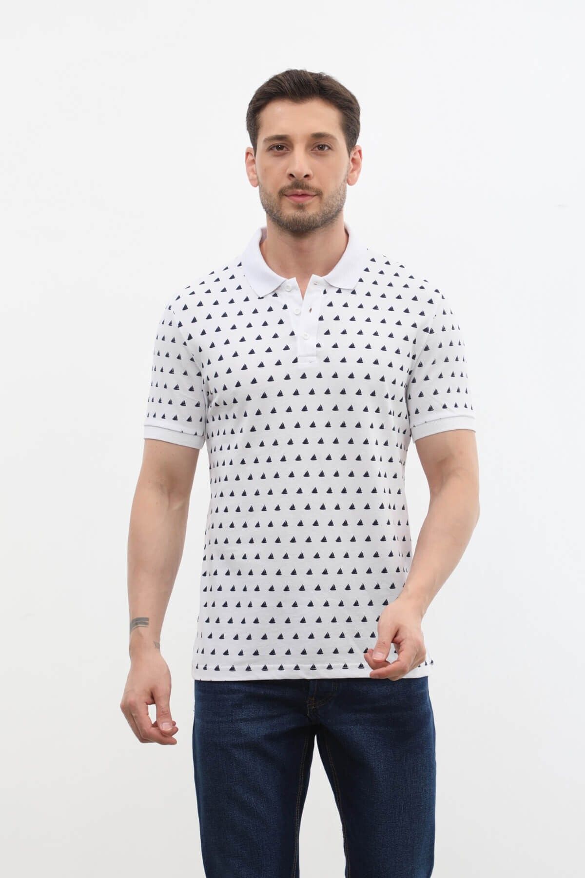 MARKAPIA-Sail Patterned Polo Collar Men's T-Shirt - 100% Cotton 4