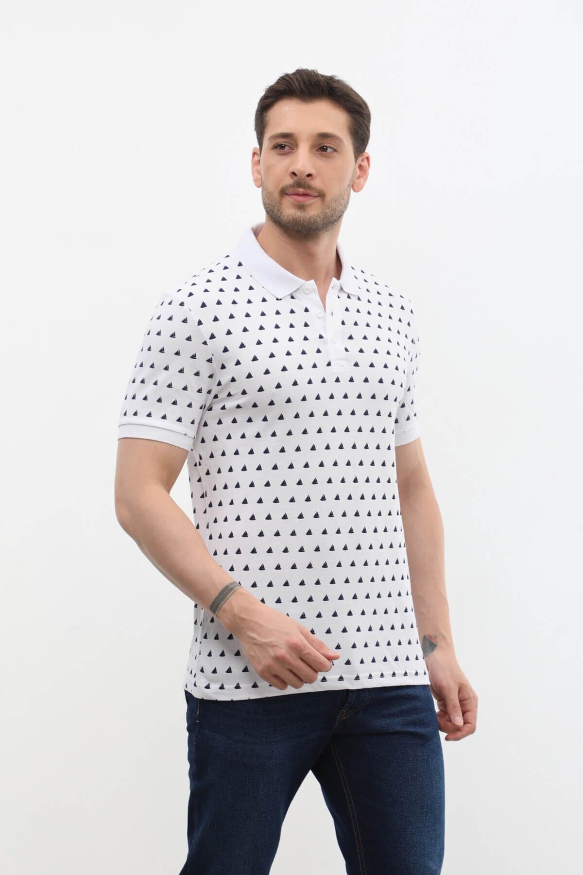 MARKAPIA-Sail Patterned Polo Collar Men's T-Shirt - 100% Cotton 1