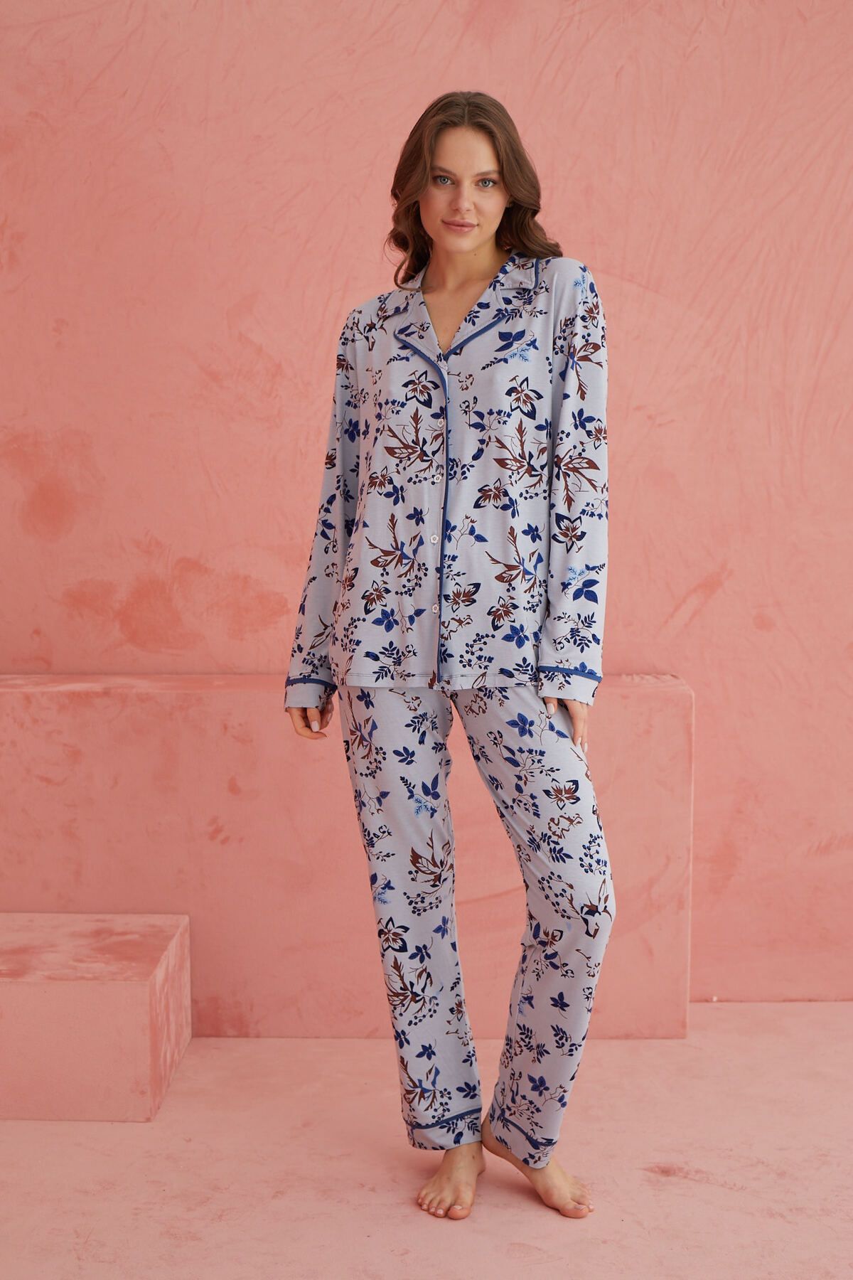 ELİTOL-Multicolor Patterned Viscose Front Button Pajamas Set 2