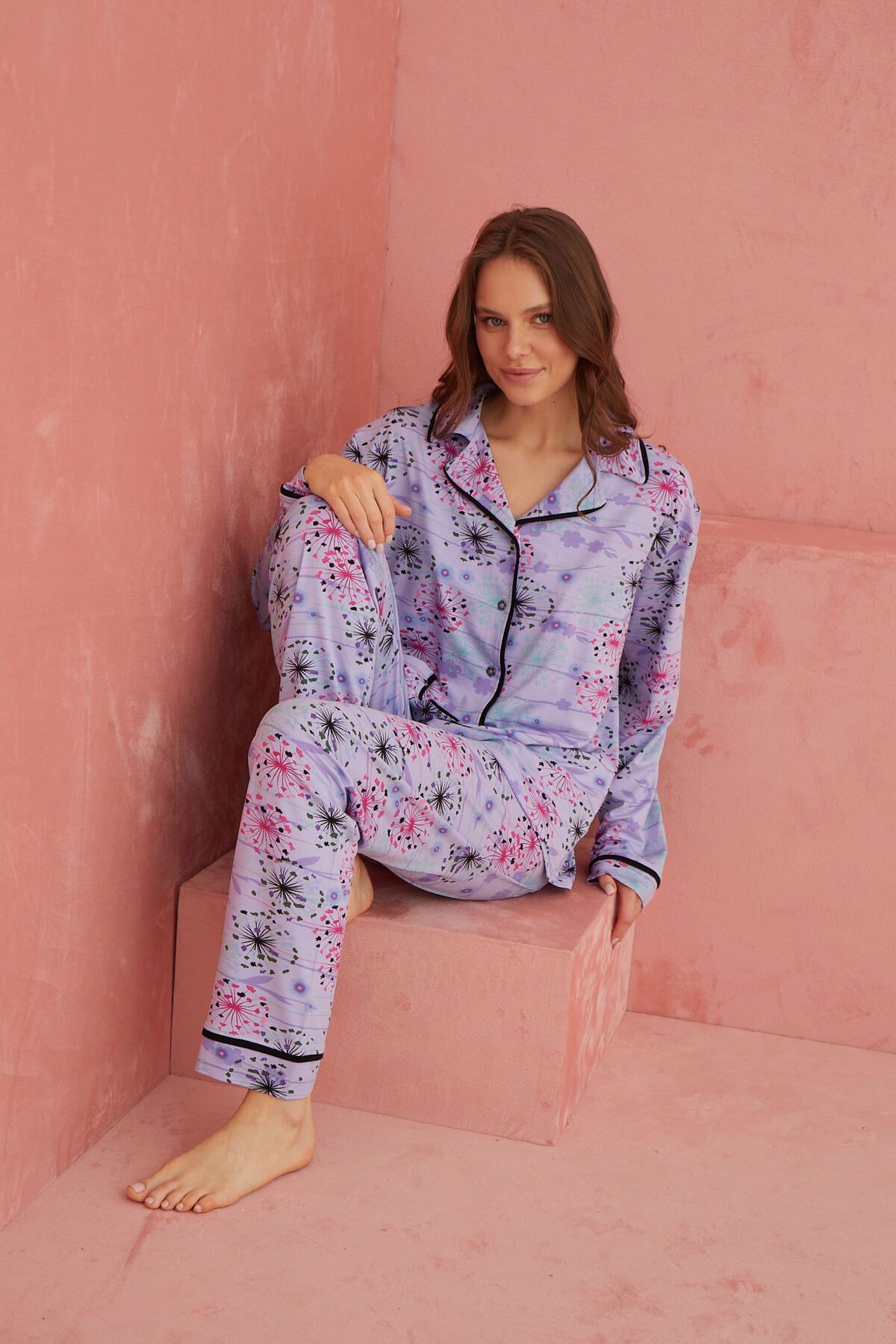 ELİTOL-Multicolor Patterned Viscose Front Button Pajamas Set 1