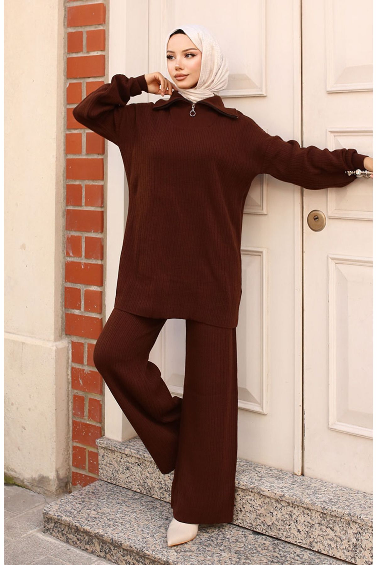 sefamerve-Ribbed Knitwear Set with Zippered Collar 11036-05 Brown 1