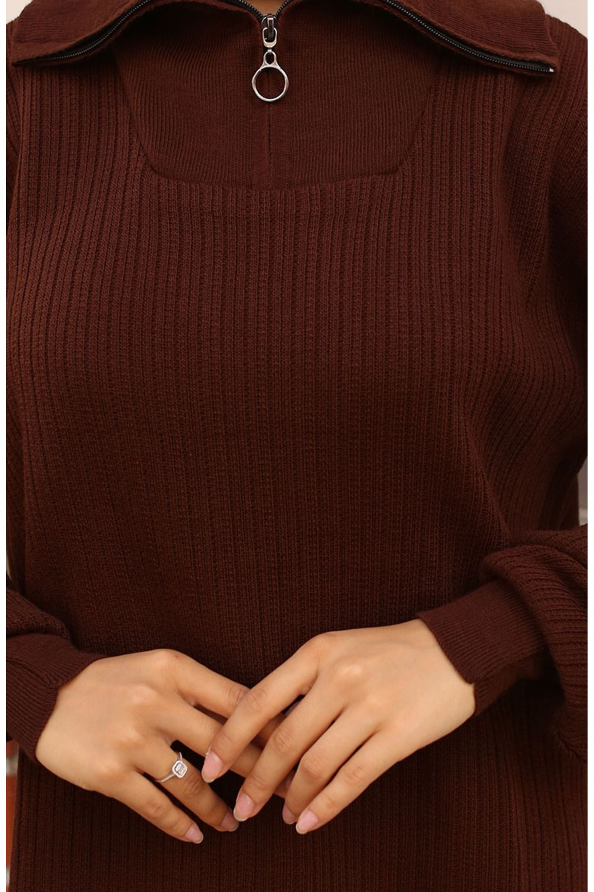 sefamerve-Ribbed Knitwear Set with Zippered Collar 11036-05 Brown 4