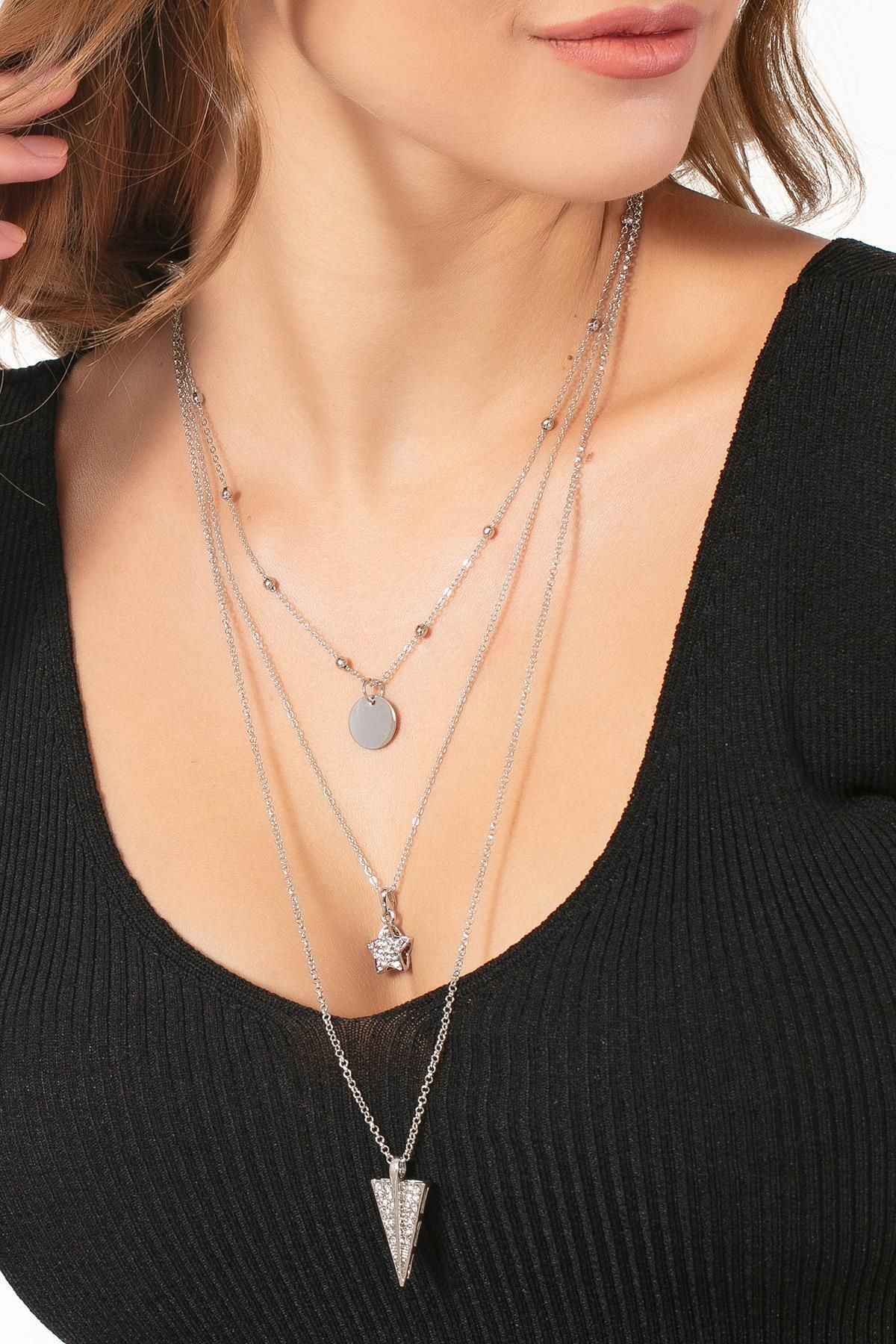Modex-Geometric Triangle Shaped Triple Necklace with Silver Color Stones 2