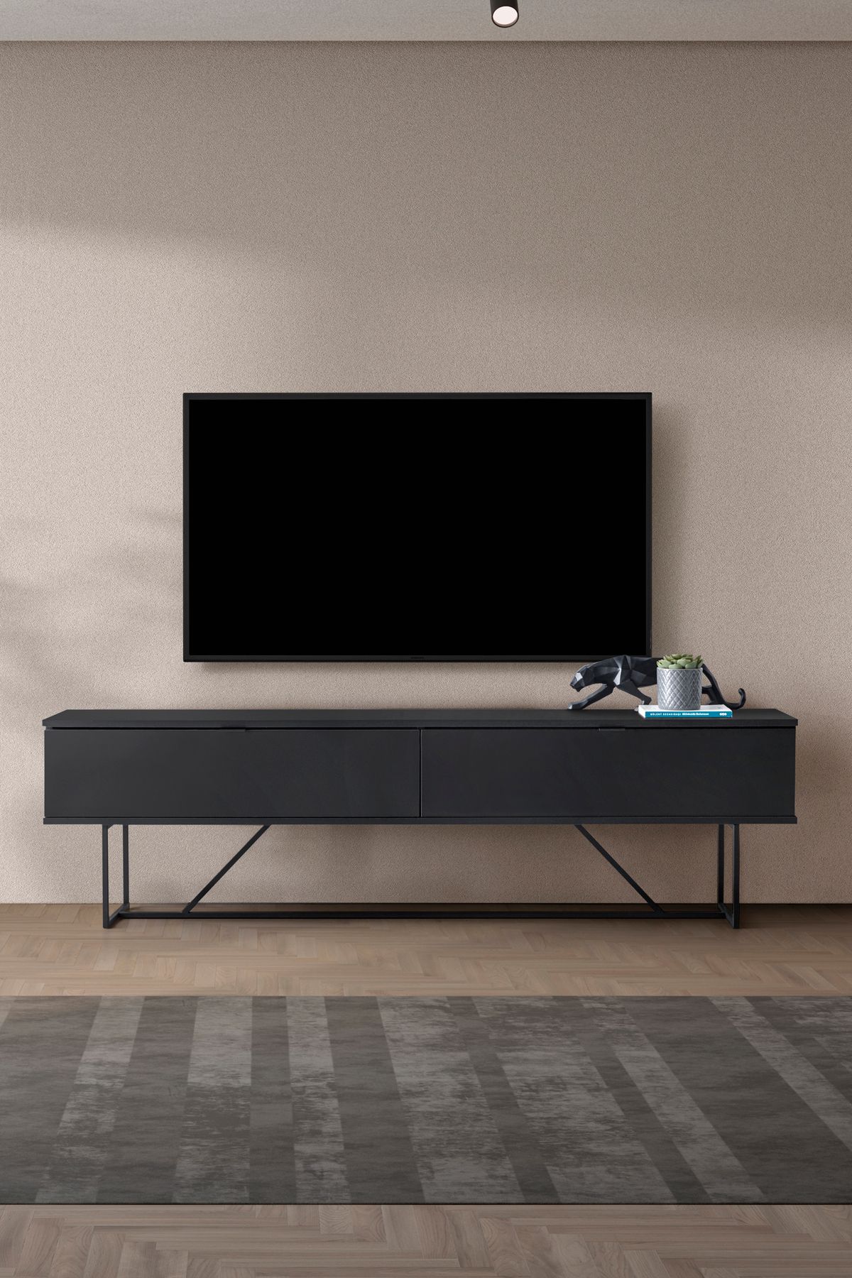 MİLVAKİ Tv Ünitesi, Tv Sehpası, Siyah, 180 Cm, Metal Ayaklı, Modern, Minimalist, , Black Tv