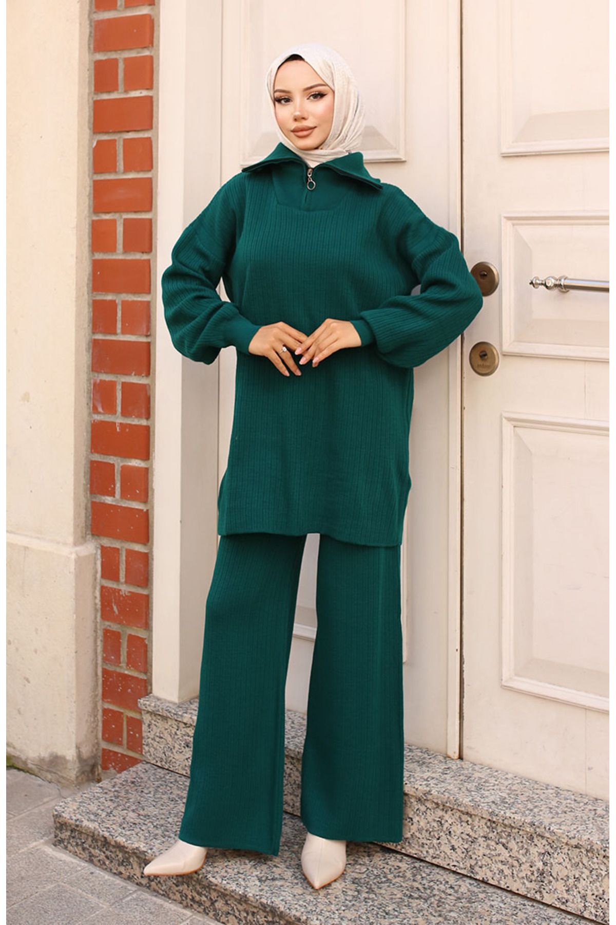 sefamerve-Ribbed Knitwear Set - Emerald Green, Zippered Collar, 11036-01 1