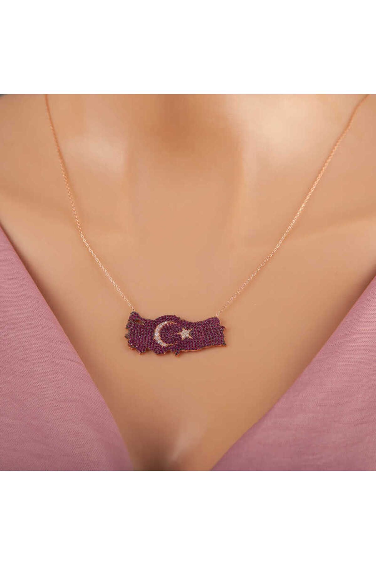 SANSERA 925 Ayar Gümüş Rose Ay Yıldız Türkiye Haritası Kadın Kolye