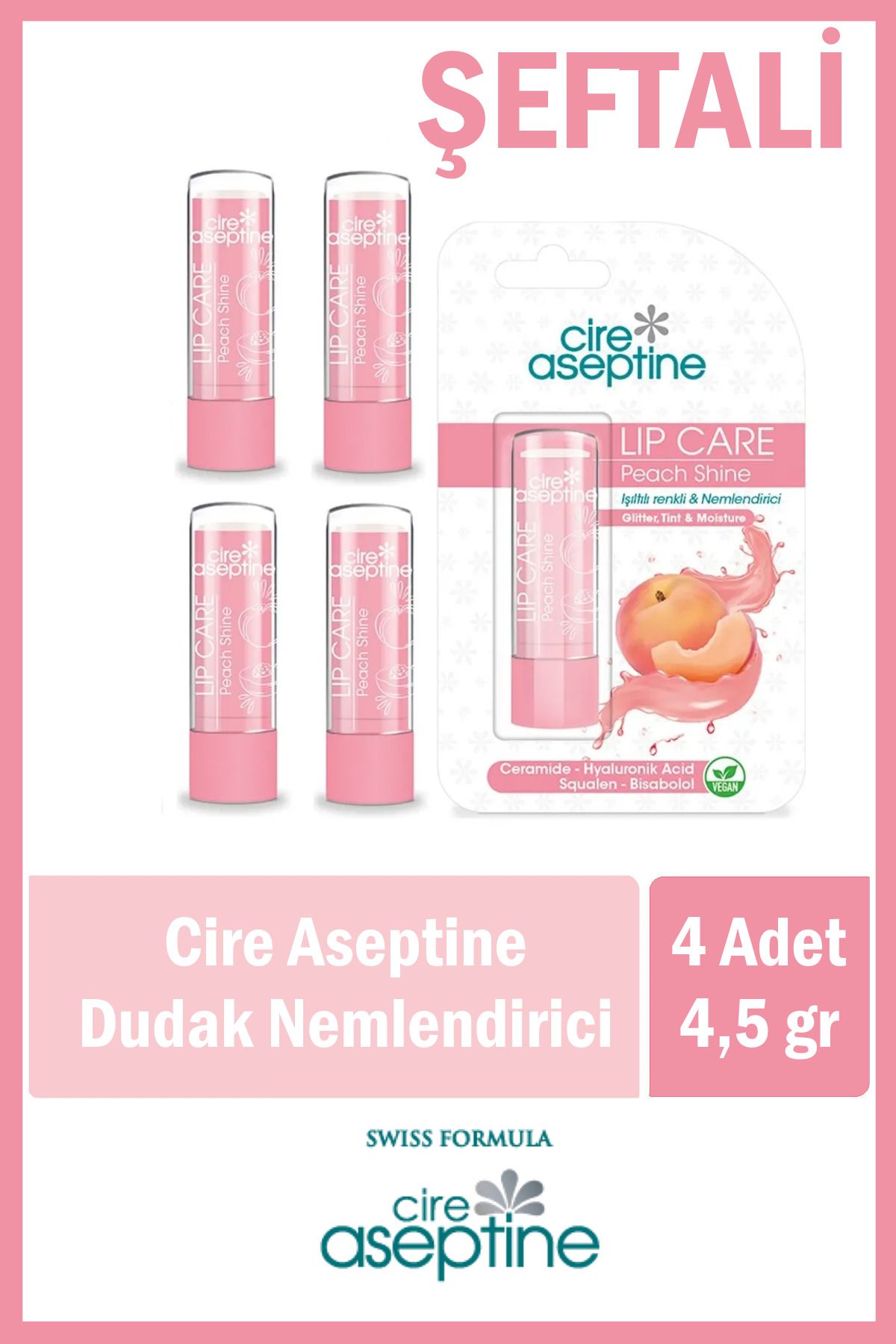 CIRE ASEPTINE Lip Care Peach (Şeftali) Renkli Dudak Nemlendirici 4,5 G x 4 Adet