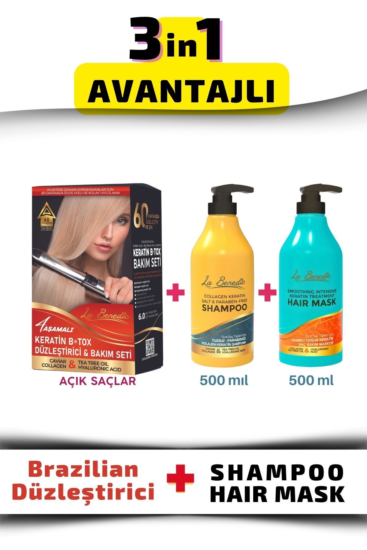 La Benedic AVANTAJLI KERATİN DÜZLEŞTİRİCİ FULL SET + ŞAMPUAN + MASKE 3'LÜ SET (AÇIK RENKLİ SAÇLAR İÇİN)