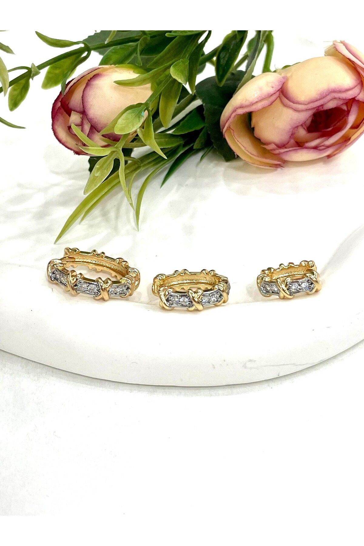 JEWELRY-Steel Gold 3-Piece Zircon Stone Tiff Earrings Set 6