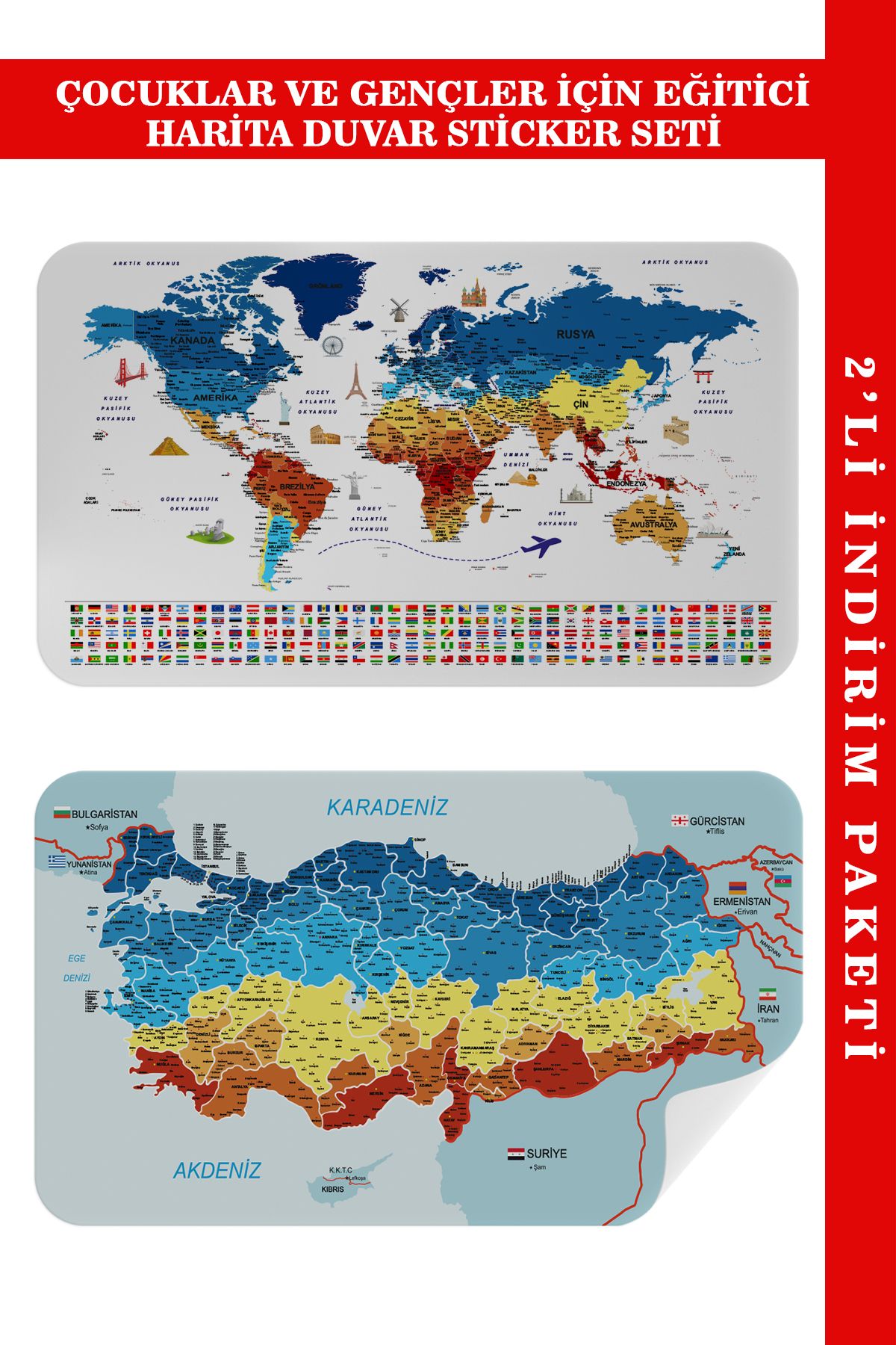 Doğal Bizden DB Eğitici - Öğretici Dünya ve Türkiye Haritası Çocuk Odası Duvar Sticker-60x105-3891