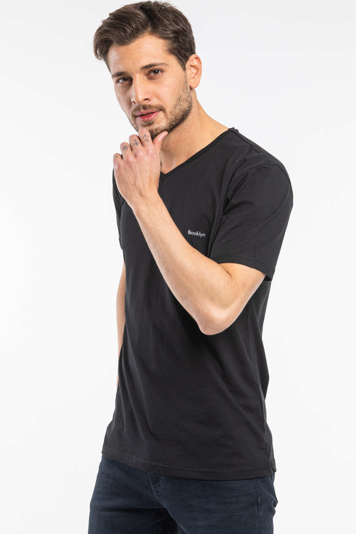Superlife-Süperlife Men V Neck Slim Fit Brooklyn Printed Short Sleeve t Shirt Spr 265 3