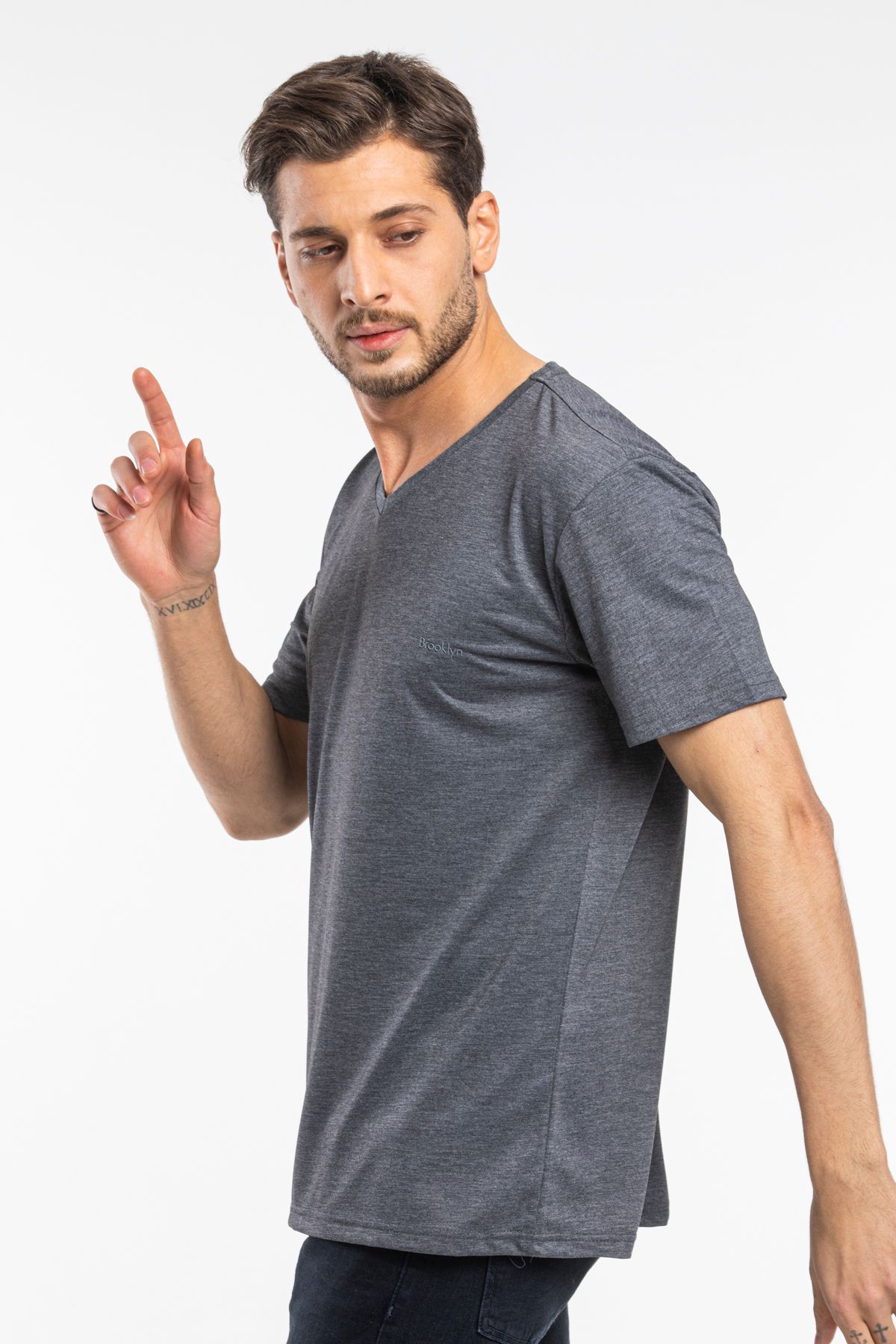 Superlife-Süperlife Men V Neck Slim Fit Brooklyn Printed Short Sleeve t Shirt Spr 265 4