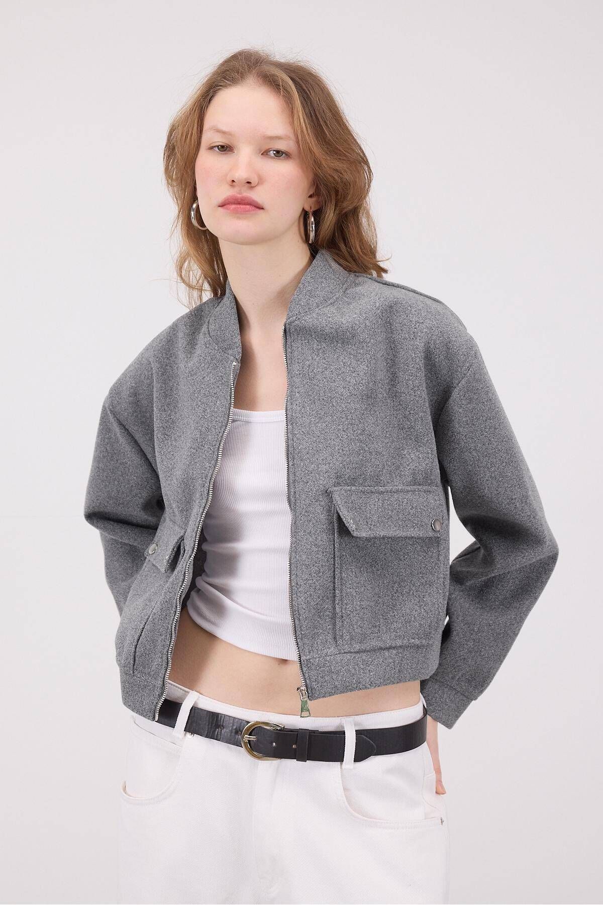 Addax-Zippered Stamped Bomber Jacket C13711-R5 2