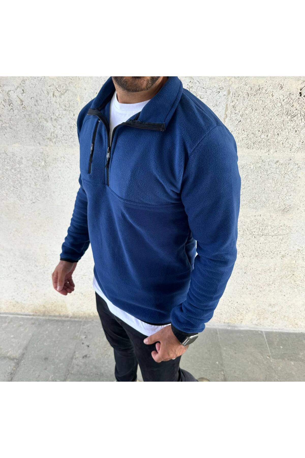Kalın Kışlık erkek Fermuarlı Polar Sweatshirt — سرمه‌ای erv123