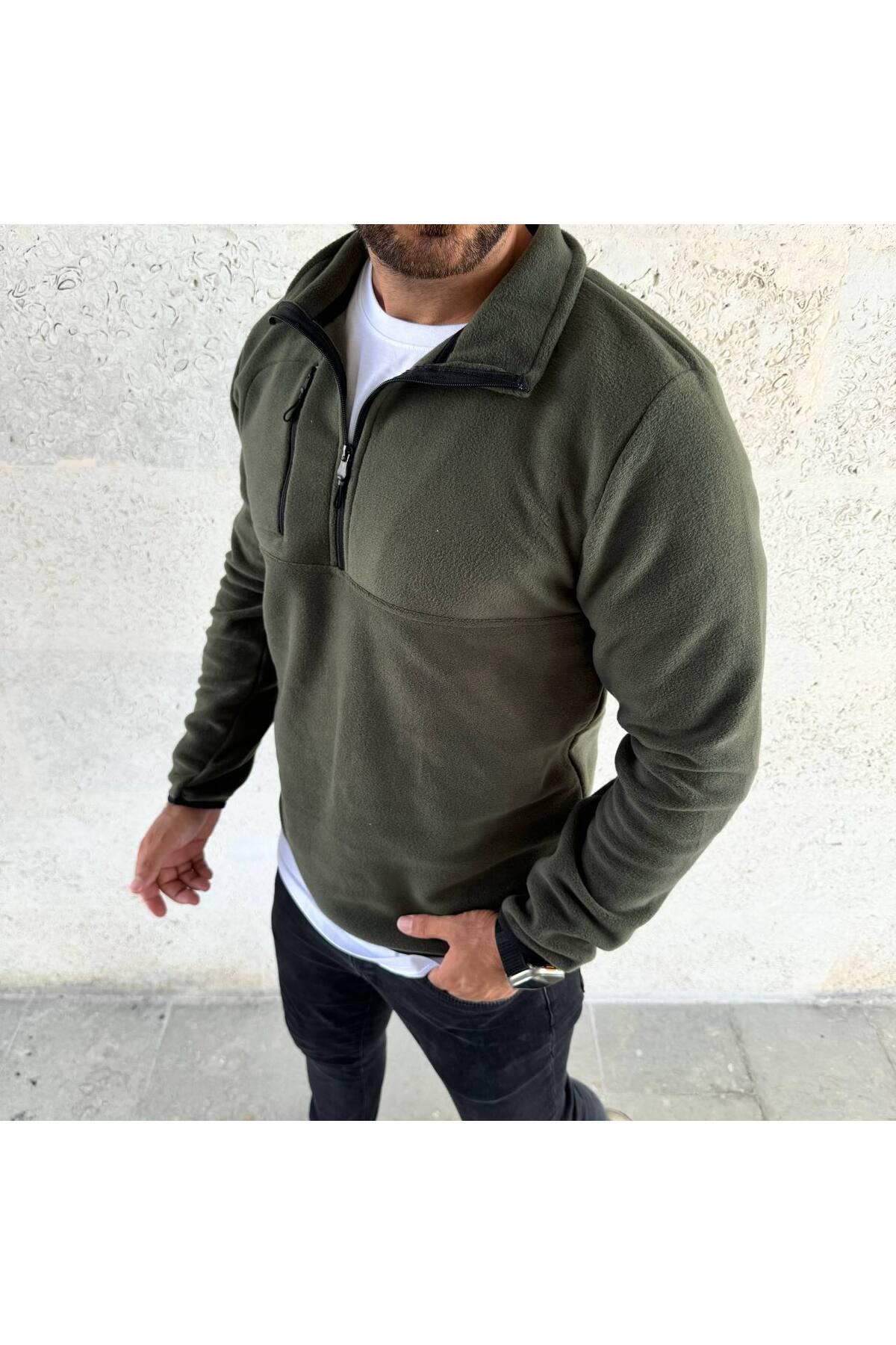 Kalın Kışlık erkek Fermuarlı Polar Sweatshirt — خاکی erv123
