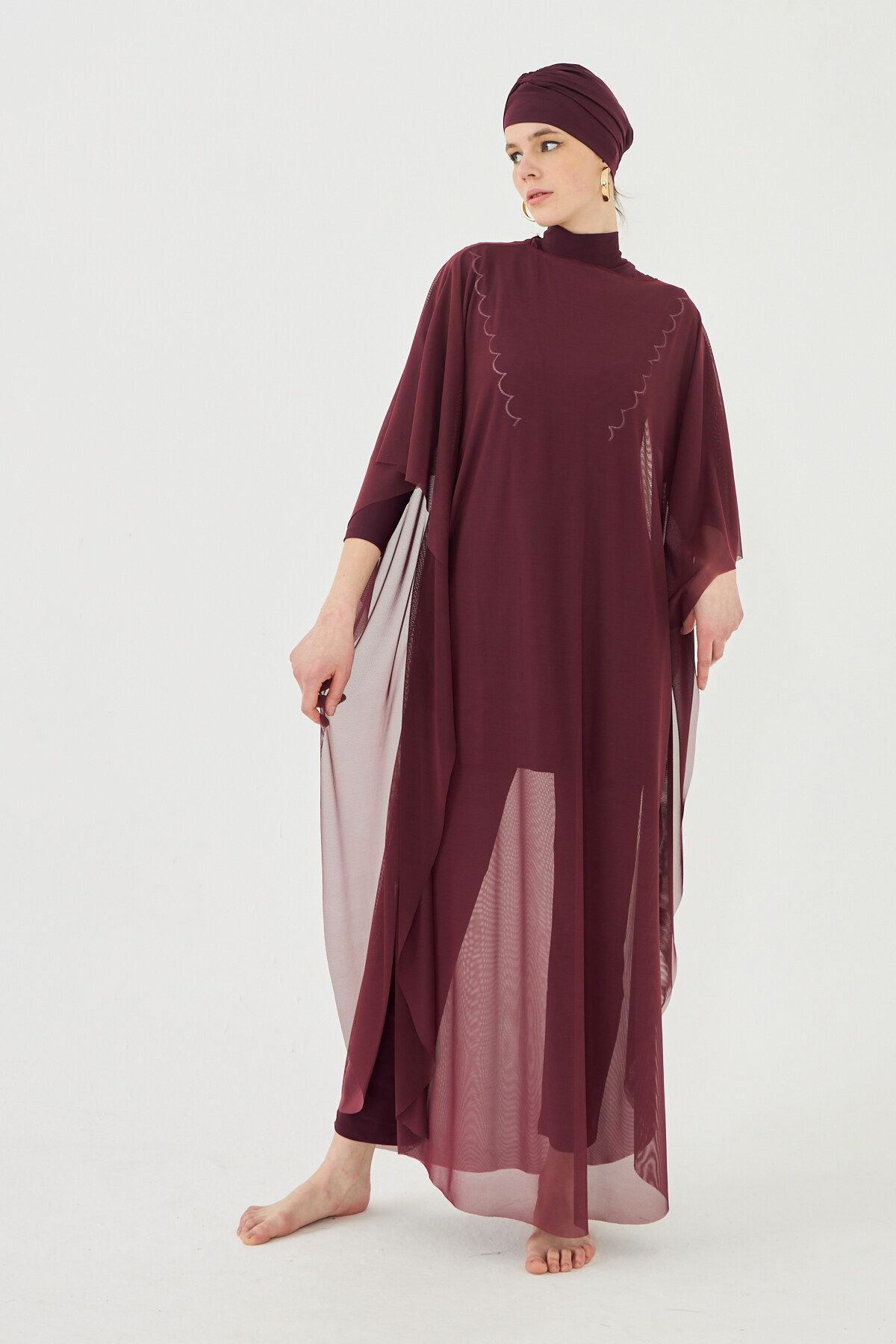 Remsa Mayo Tesettür Mayo Üzerine Desenli Tek Kaftan Pareo RP002 Bordo