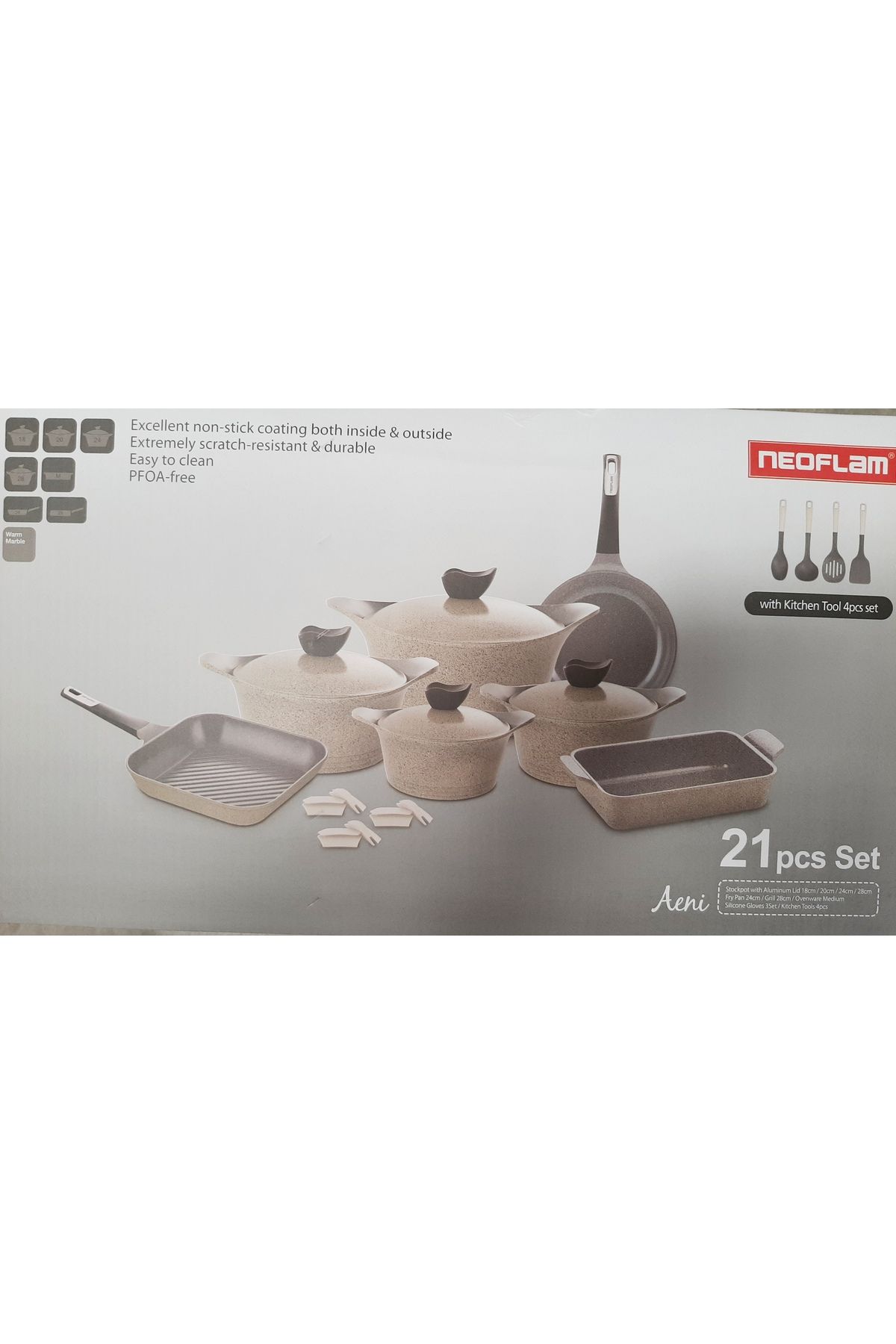 NEOFLAM-,Aeni,Cooking set,21pcs,Cast Aluminum,Nonstick Coating,Suitable for all stove,Warm Marble. 1