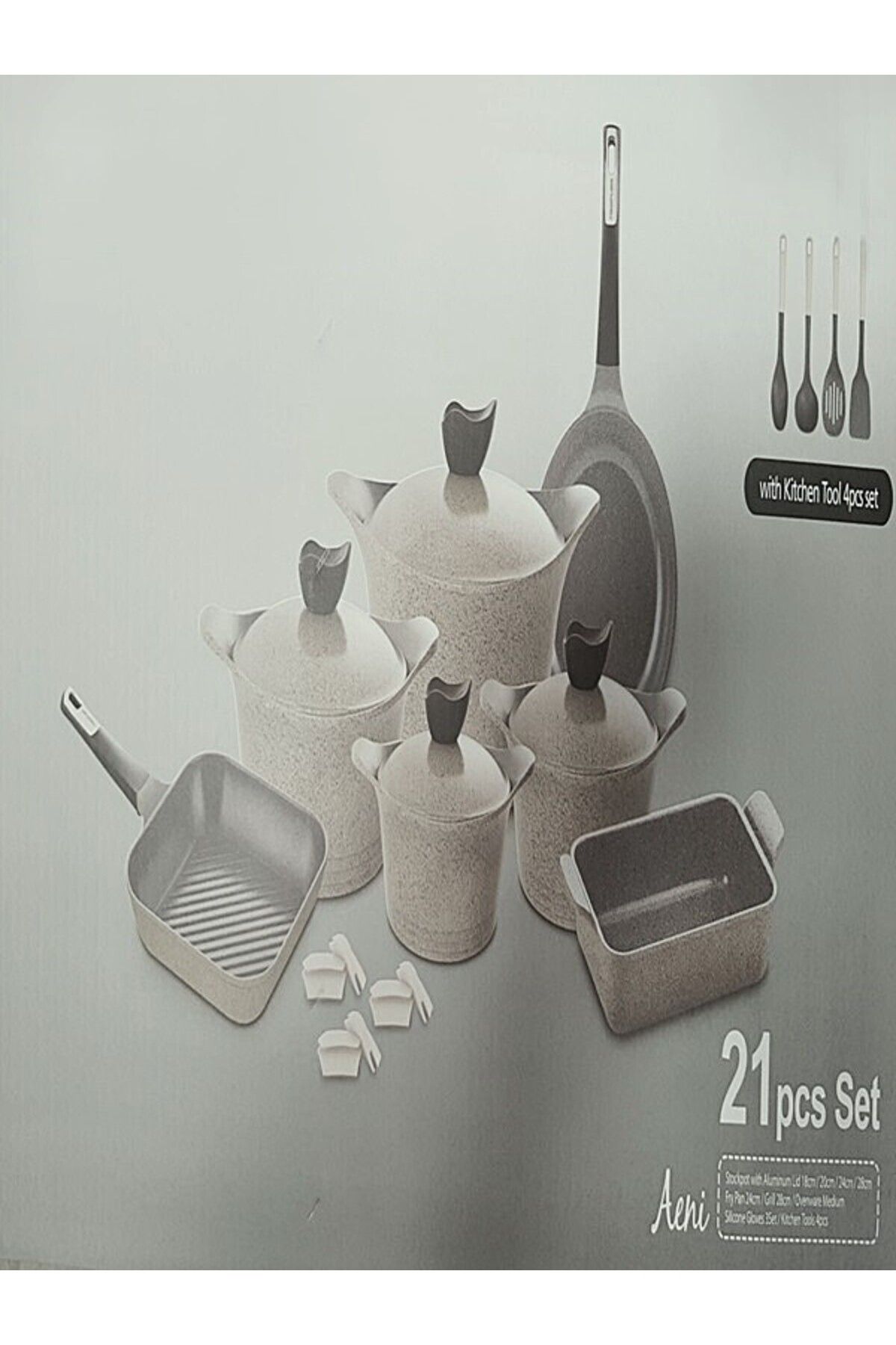 NEOFLAM-,Aeni,Cooking set,21pcs,Cast Aluminum,Nonstick Coating,Suitable for all stove,Warm Marble. 2