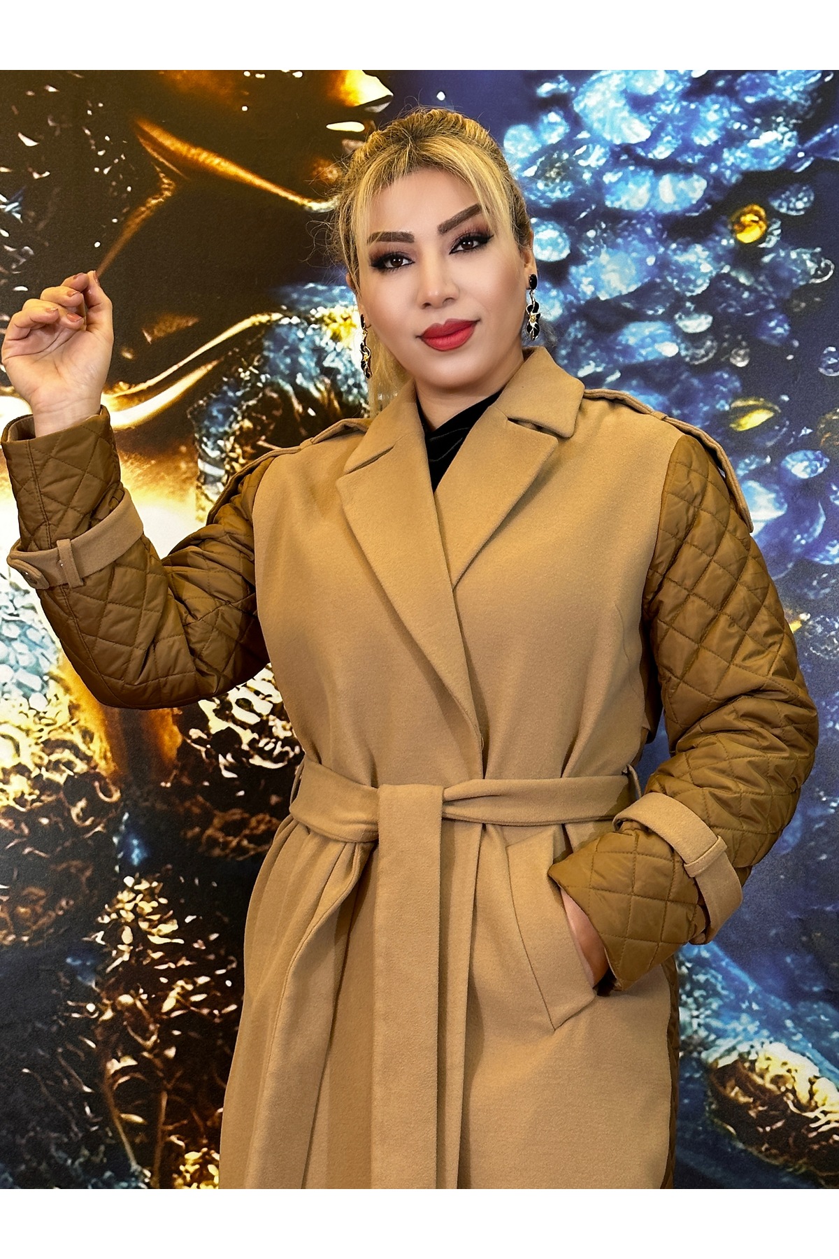 Yeşilmoda kaşe kaban şişme mont ,kardigan, kemerli açık kahve kaşe, kişlik ,uzun kaşe,astarli ,detayli görsel 4