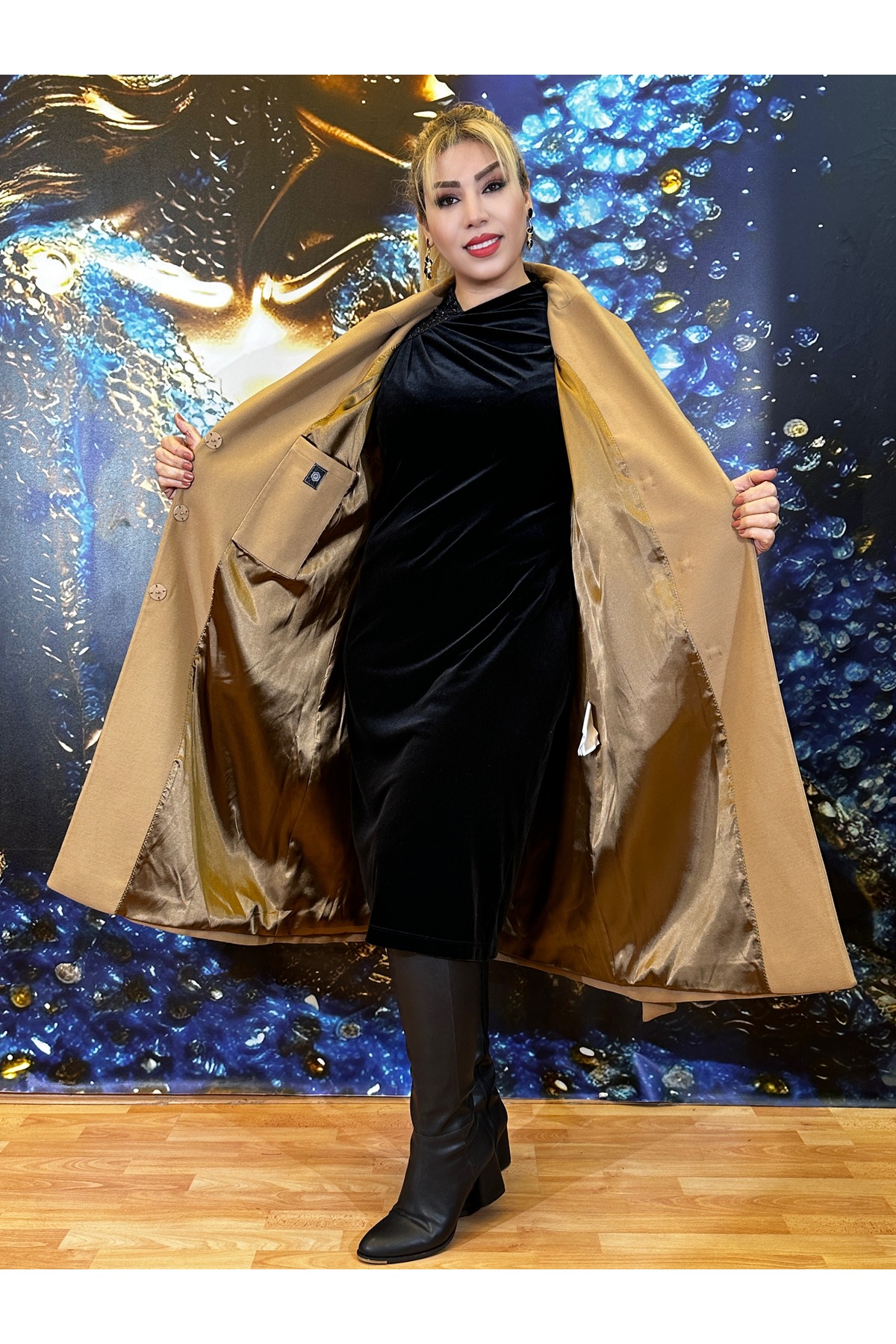 Yeşilmoda kaşe kaban şişme mont ,kardigan, kemerli açık kahve kaşe, kişlik ,uzun kaşe,astarli ,detayli görsel 6