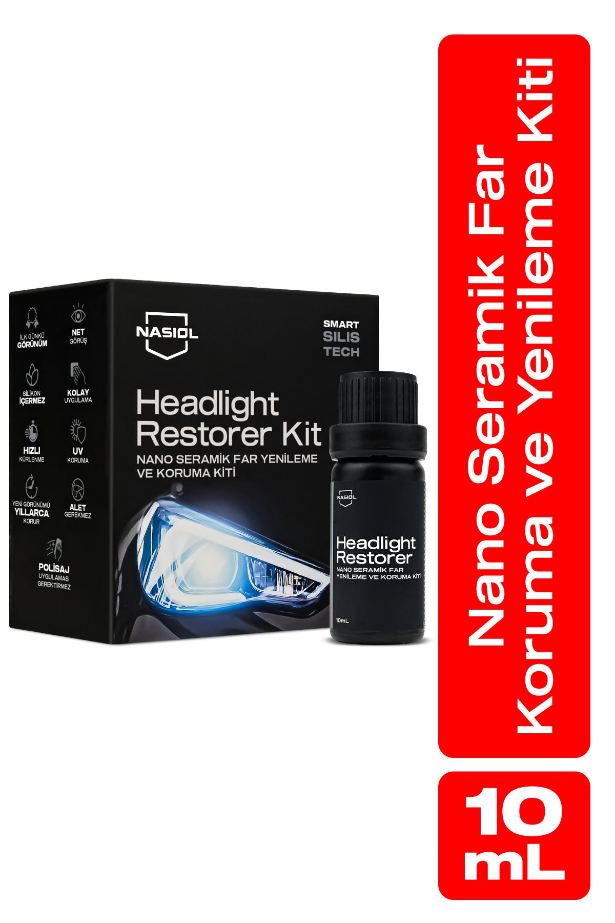 Nasiol Headlight Restorer Nano Seramik Far Yenileme ve Koruma Kiti-3 Yıl Dayanım-10ml-Far Temizleme