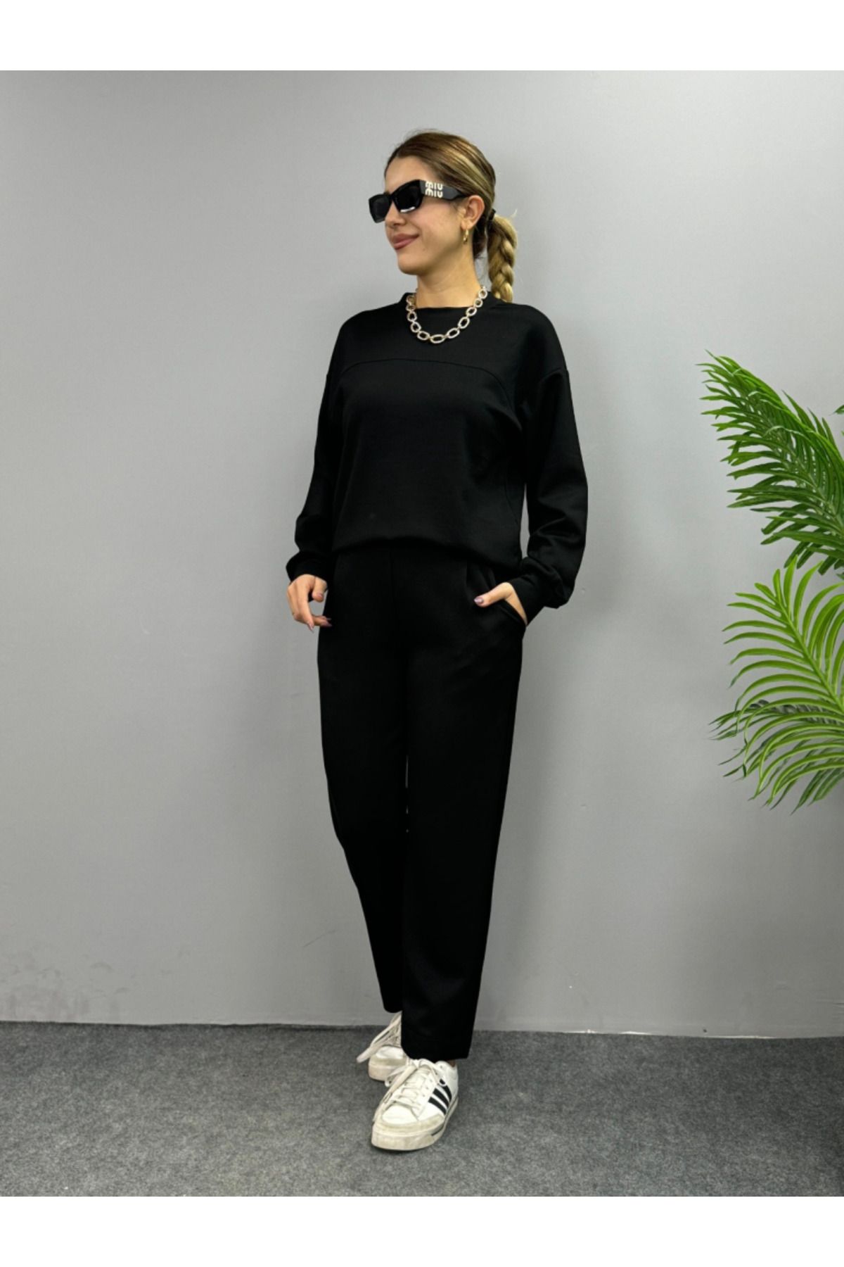 velmorafashion Kadın Uzun Kollu Bisiklet Yaka Viskon Iki Iplik Bluz Ve Pantolon Ikili Takım