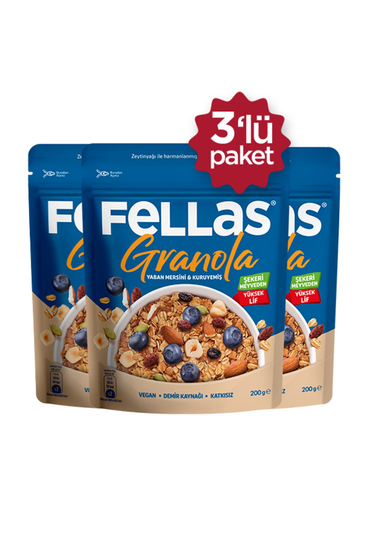 Fellas Granola - Yaban Mersini & Kuruyemiş 200g - 3'lü Paket