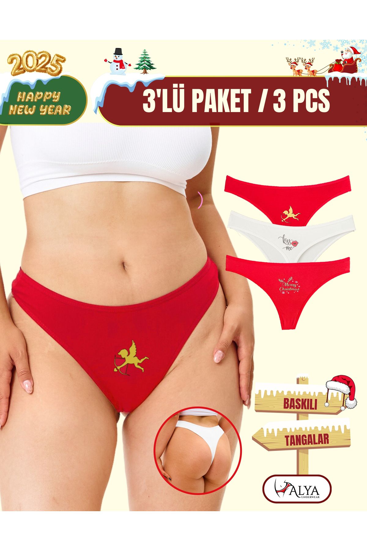 ALYA UNDERWEAR-Snur de Anul Nou, Chiloți Thong Roșii cu Tema de Anul Nou - 3 Bucăți 1