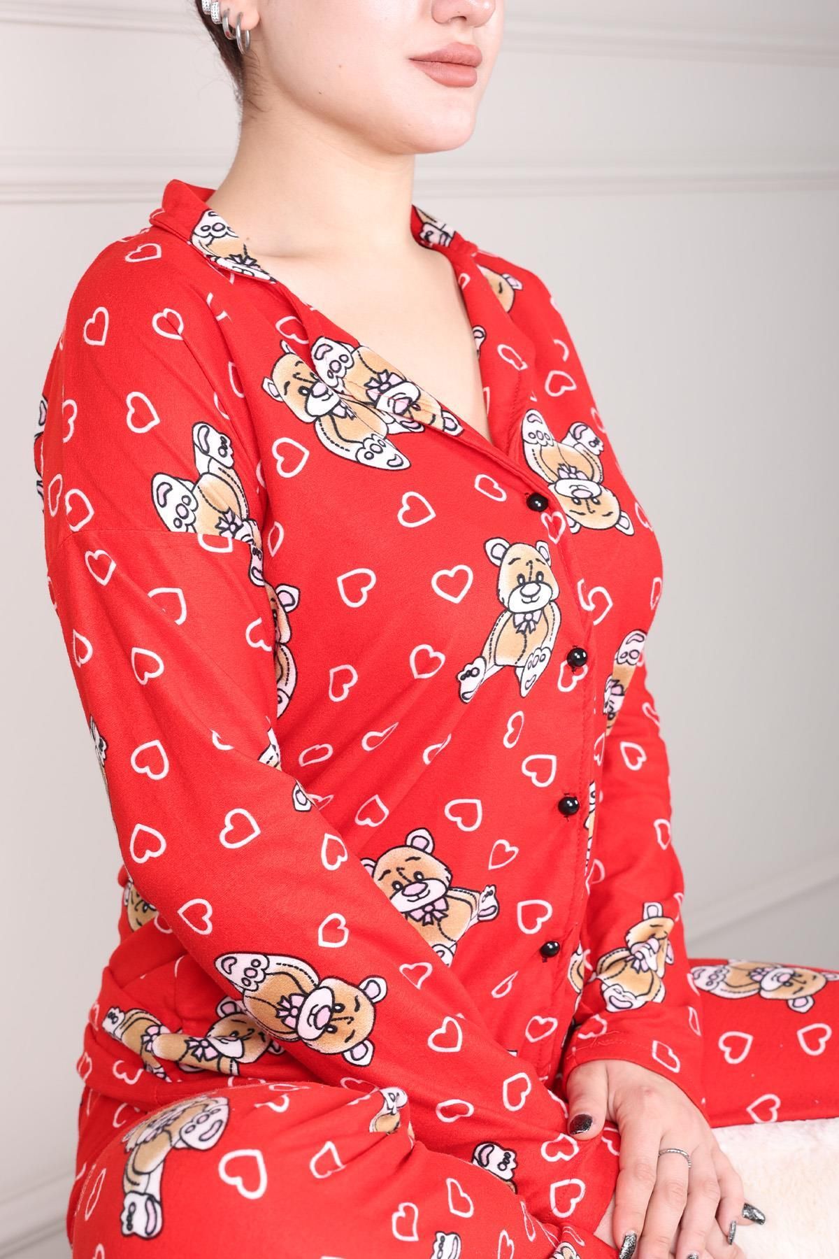 Niket Life-Red Suede Pajama Set - Teddy Bear Pattern and Button 4