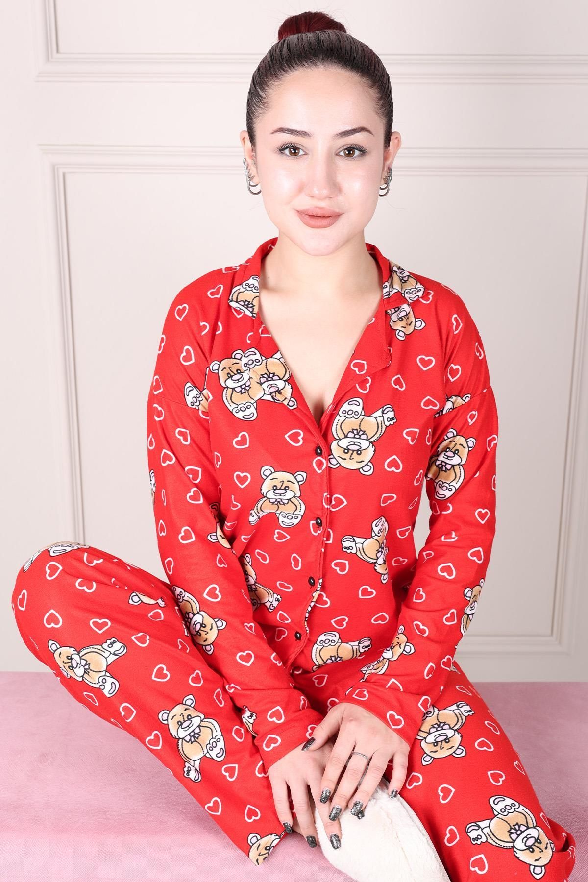 Niket Life-Red Suede Pajama Set - Teddy Bear Pattern and Button 1