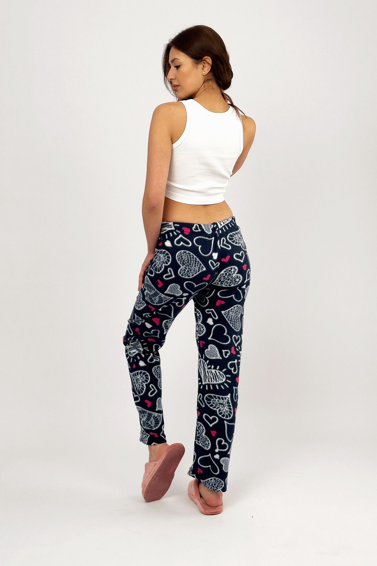 Betimoda-White Big Heart Women's Fleece Pajama Bottoms Winter Elastic Waist Single Bottom 6