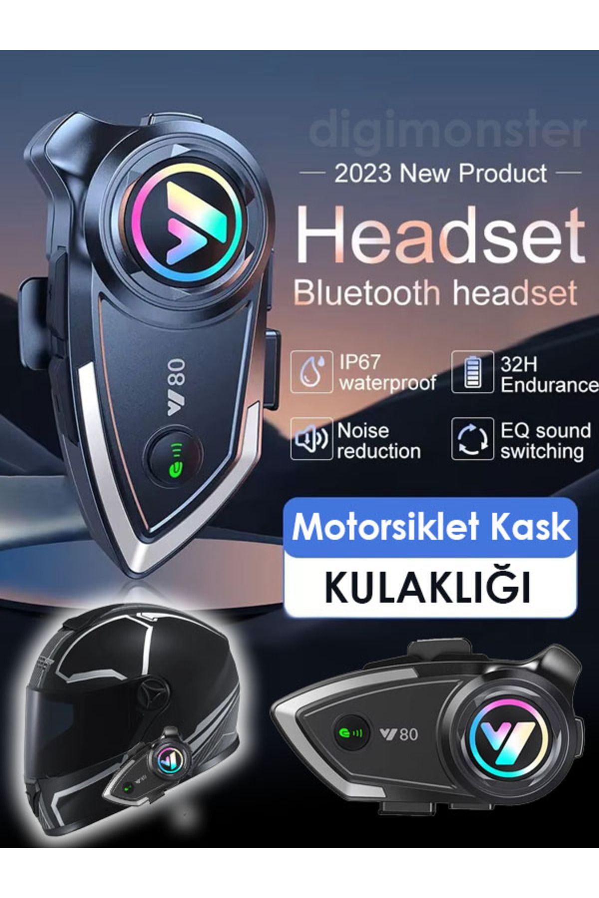 DigiMonster Intercom Y80 Motorsiklet Bluetooth Kulaklığı 1000 Mah Uzun Bekleme Süresi Su Geçirmez