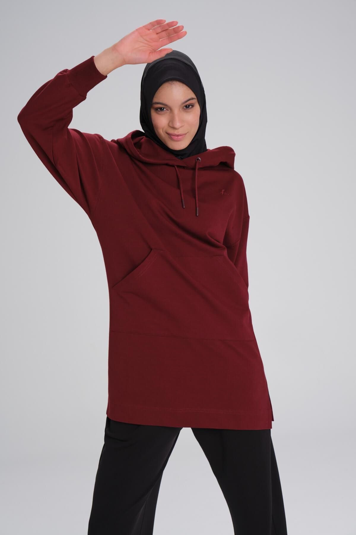 Haşema-Soft Textured Hooded Burgundy Basic Casual Sweatshirt Act-21 5