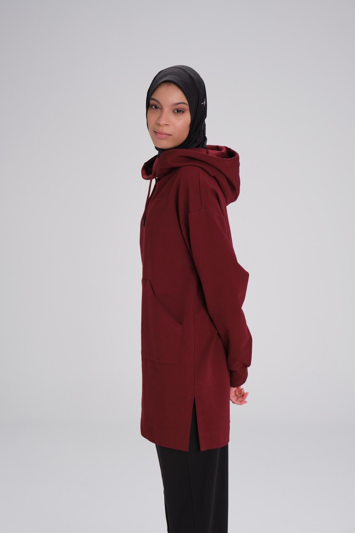 Haşema-Soft Textured Hooded Burgundy Basic Casual Sweatshirt Act-21 6