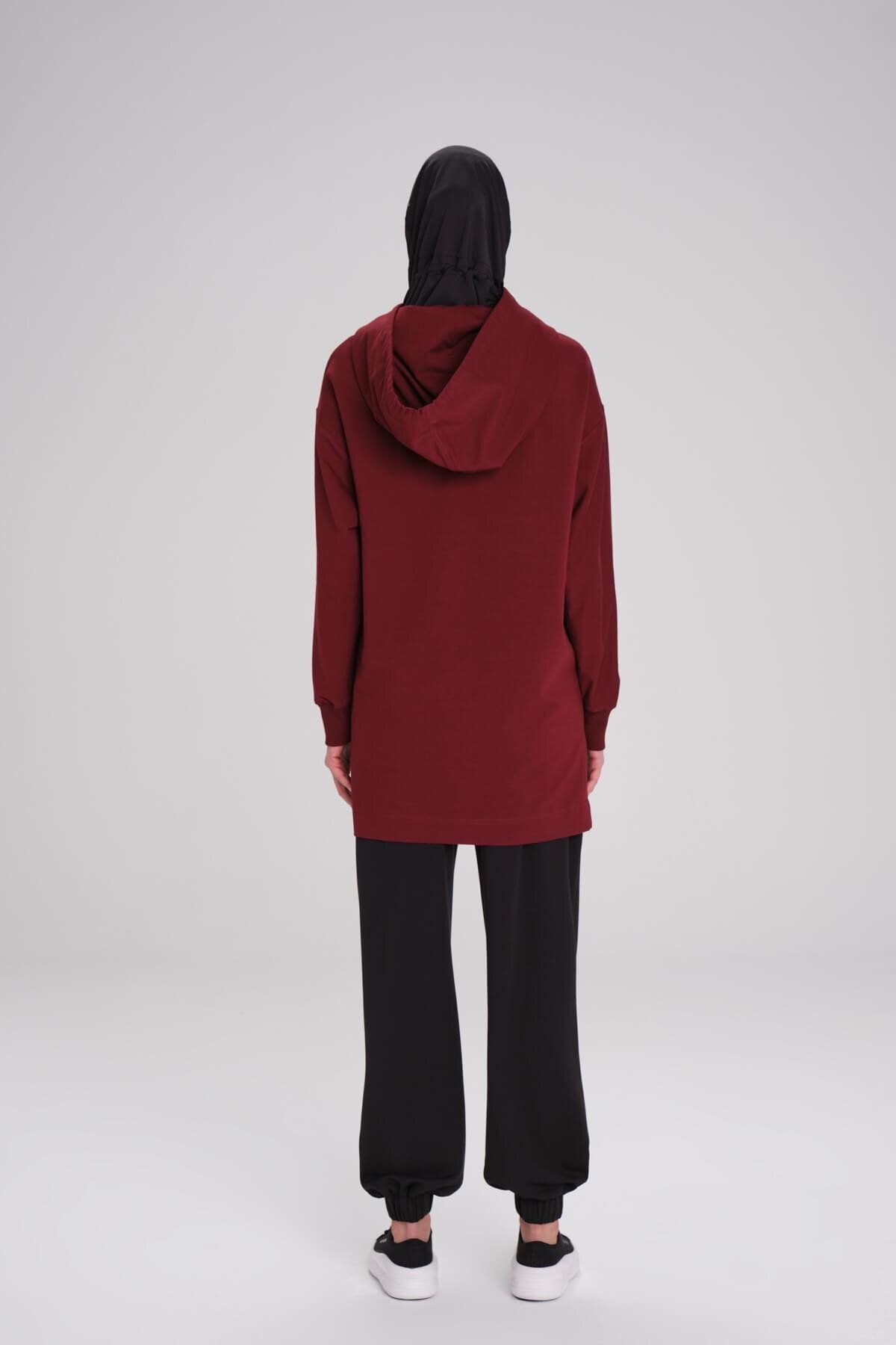 Haşema-Soft Textured Hooded Burgundy Basic Casual Sweatshirt Act-21 3