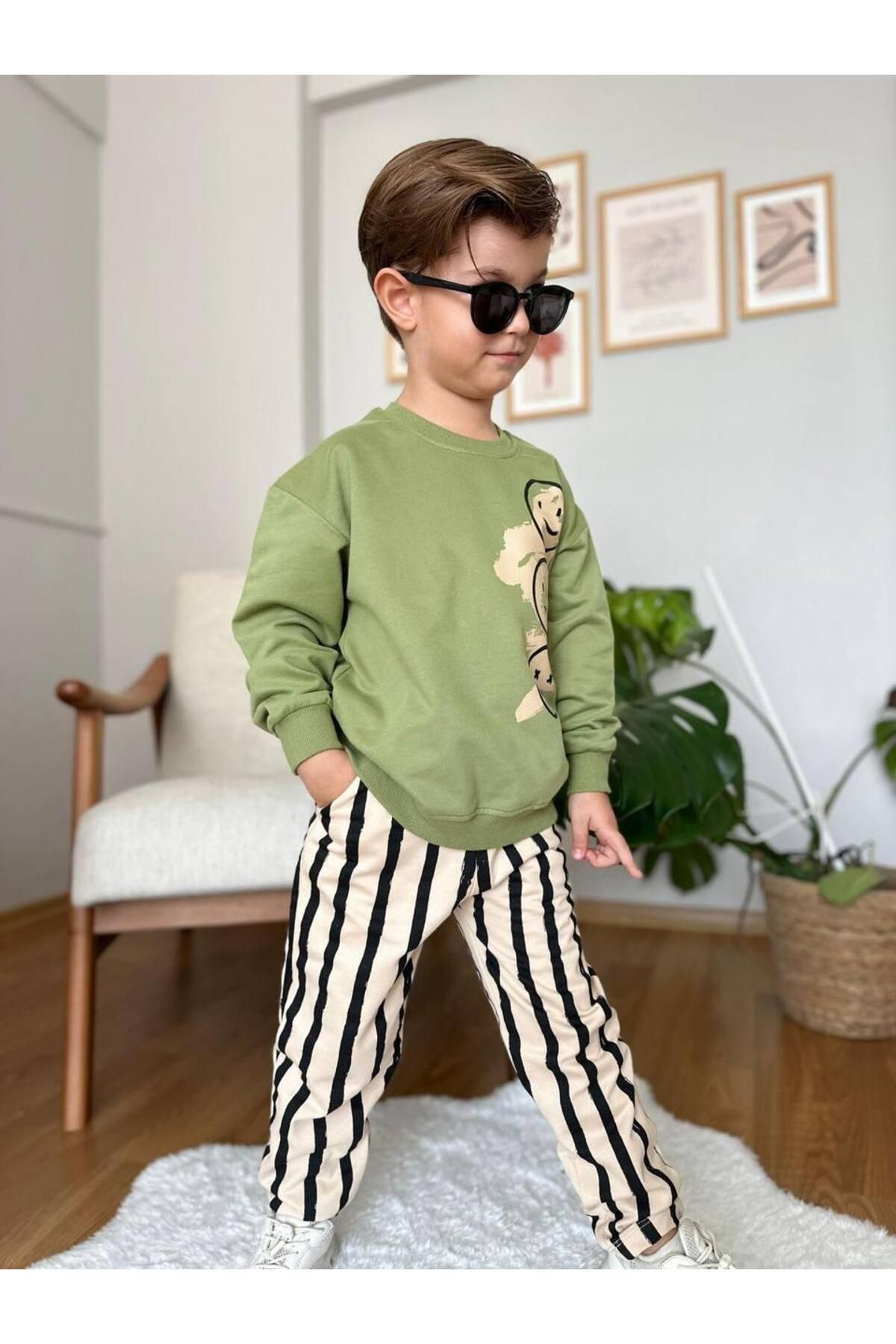 My Kids Wear-Emoji Printed Striped Sports Boy Suit 1