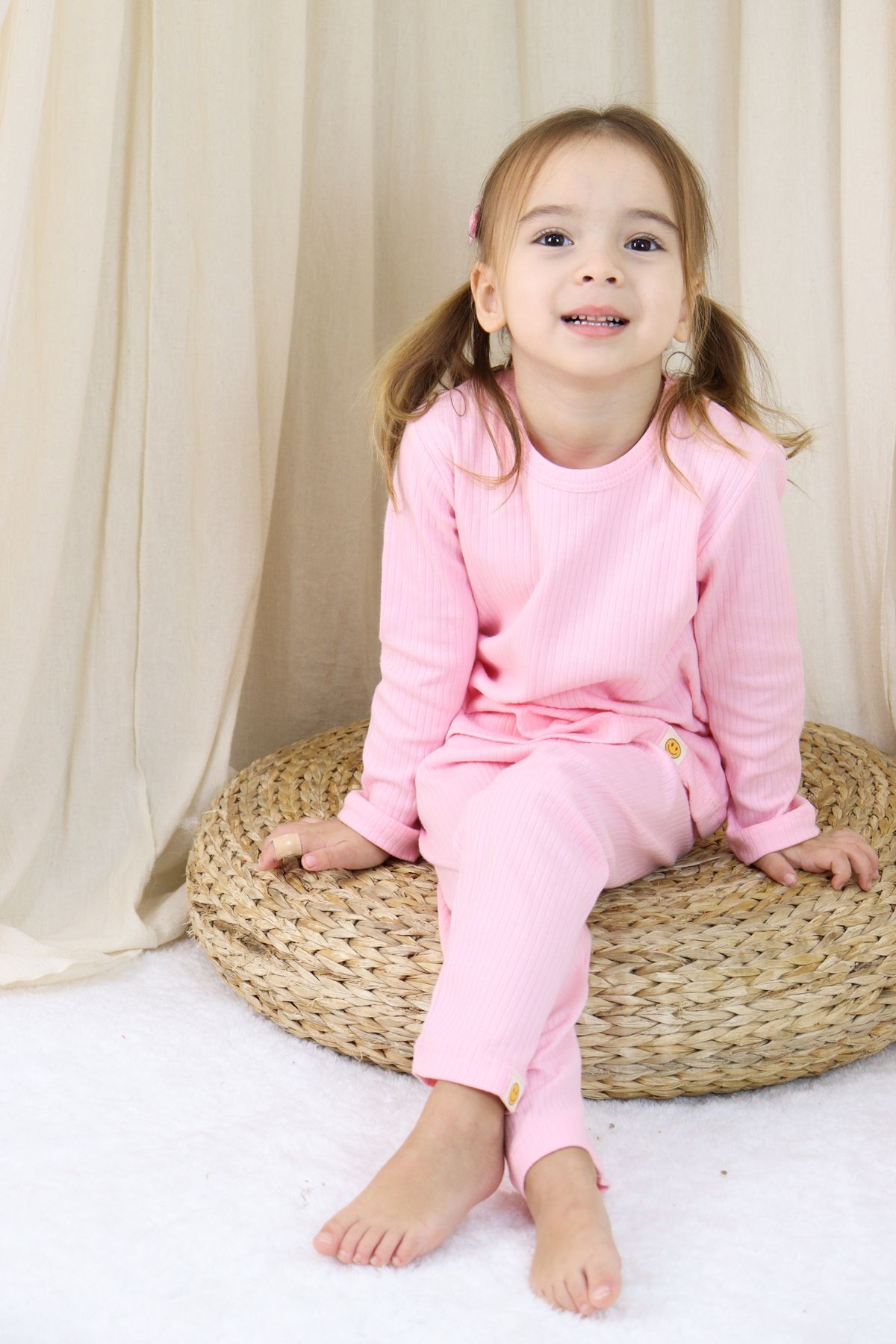 Basic Fitilli İnterlok Kumaş %100 Pamuk 1-5 Yaş Pembe Bebek Pijama Takımı