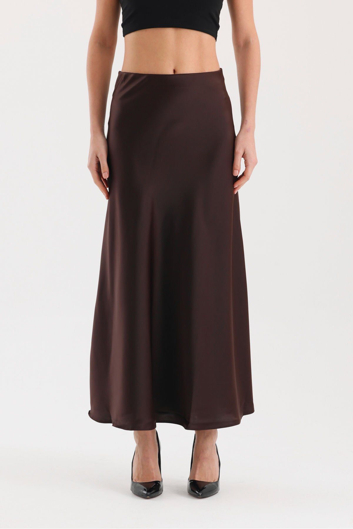soBasic-Satin Fabric with Elastic Waistband Mid Waist Midi Skirt-M - Brown 3