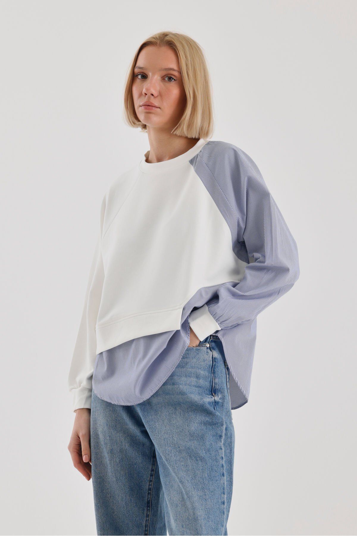 soBasic-Casual Style Block Pattern Crew Neck Raglan μανίκι φούτερ-S - Λευκό 4